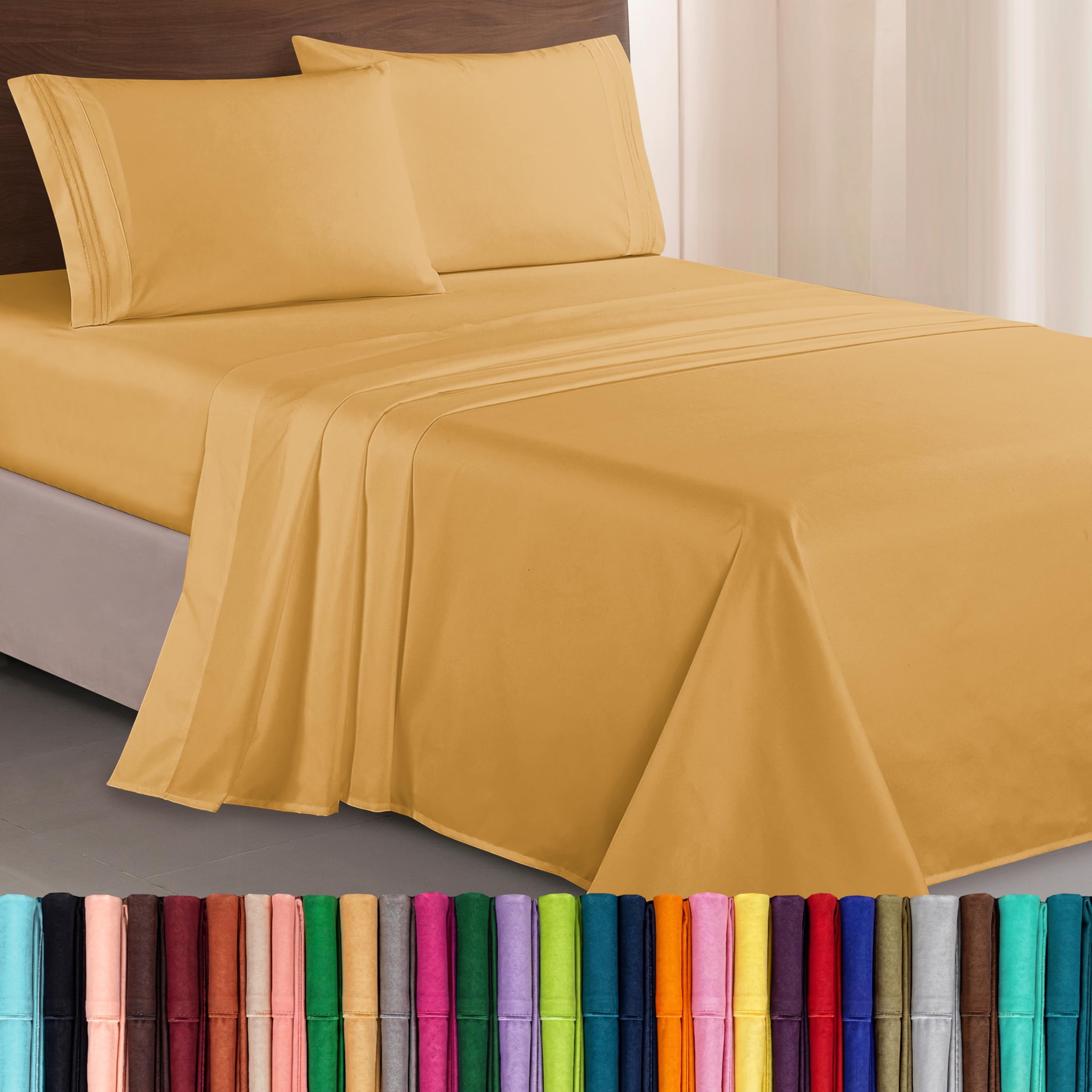 Elegant Comfort Luxurious 1500 Premium Hotel Quality Microfiber Three Line Embroidered Softest 4-Piece Bed Sheet Set, Wrinkle and Fade Resistant, Queen, Camel-Gold