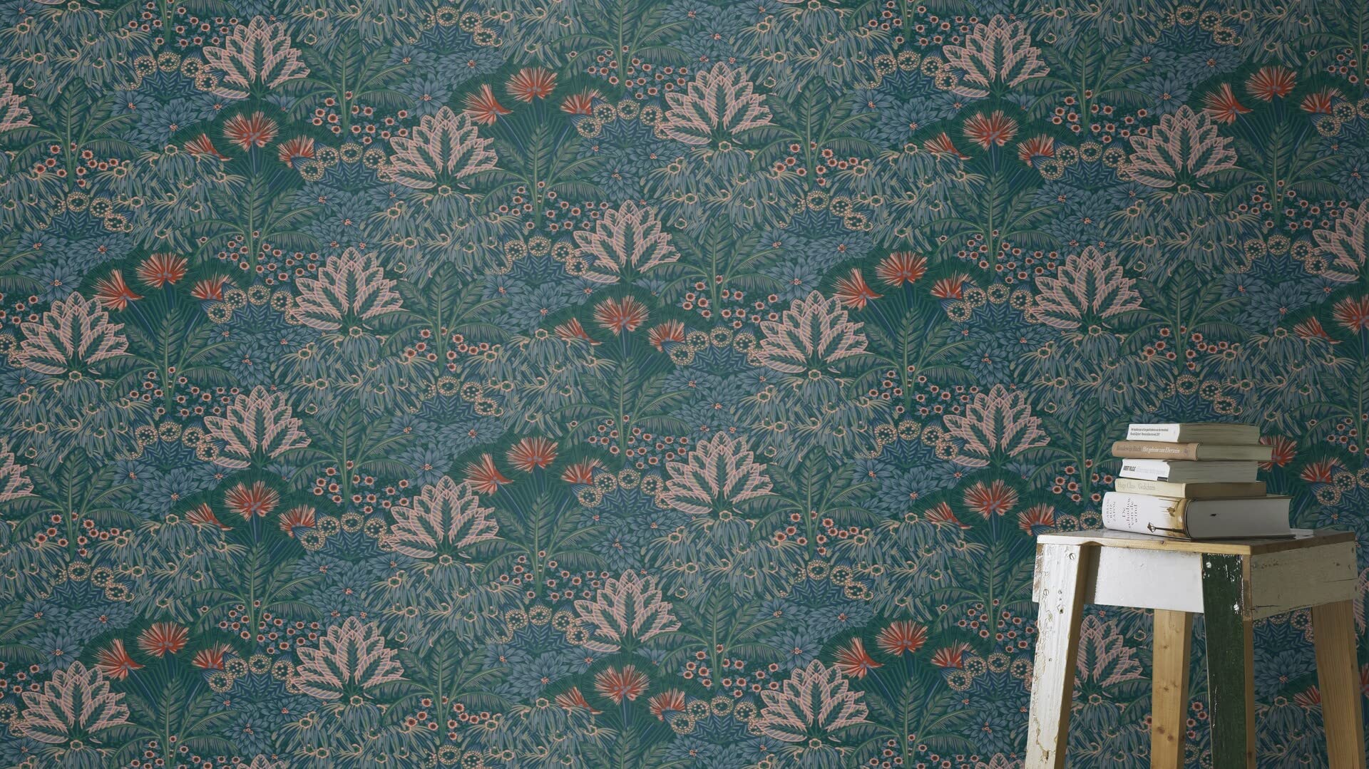 Rasch Tapeta 711332- tapeta flizelinowa z palmami i liśćmi palmy w kolorze niebieskim, zielonym i różowym z kolekcji Sophia - 10,05 m x 0,53 m (dł. x szer.)