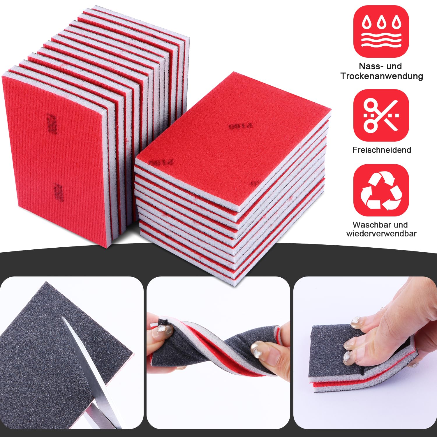 Set di 16 spugne abrasive per legno, cartongesso, 180 pezzi, grana 180, blocchi abrasivi per legno, cartongesso, metallo, riparazione carrozzeria auto