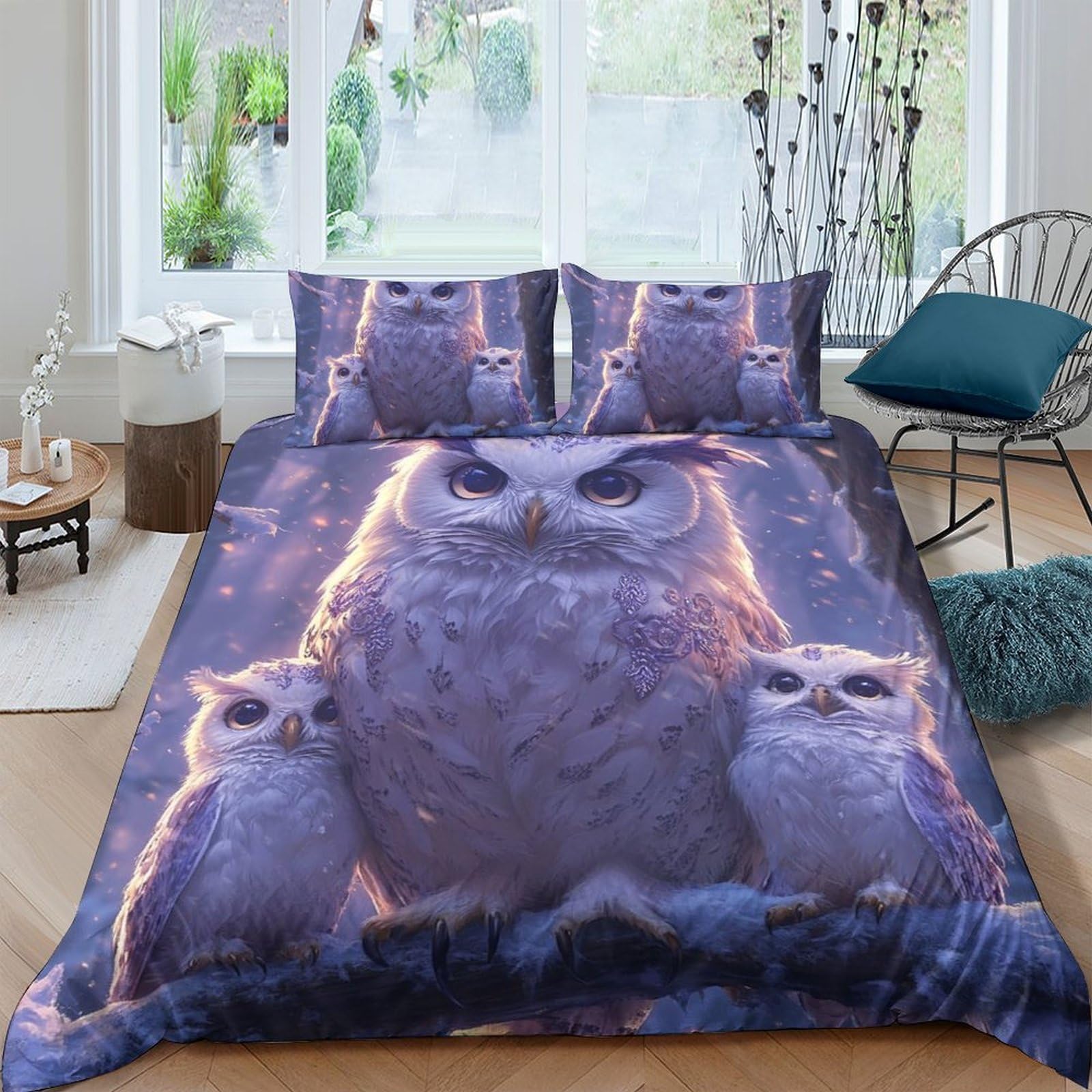 GPLZQXKJNH 3D Printed Owl Family Duvet Cover Microfiber Soft Breathable Forest Night Bedding Set with 2 Pillowcases for Bedroom Decor Single（135x200cm）