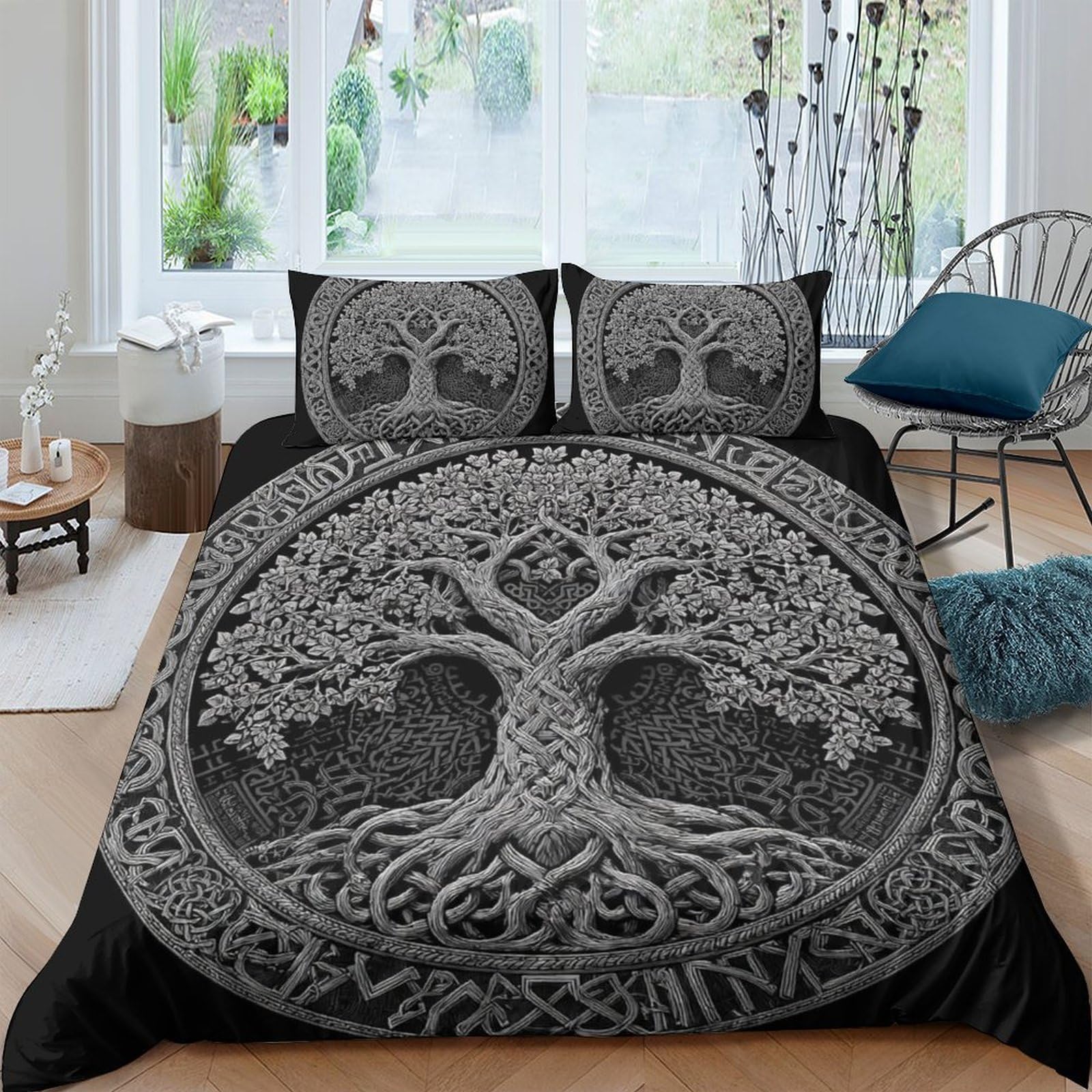 Ctjqhvkz Style-2 3D Printed Celtic Tree Of Life Fitted Sheet Microfiber Grey Norse Pattern Mattress Cover Bedroom Home Decor Single（135X200cm）