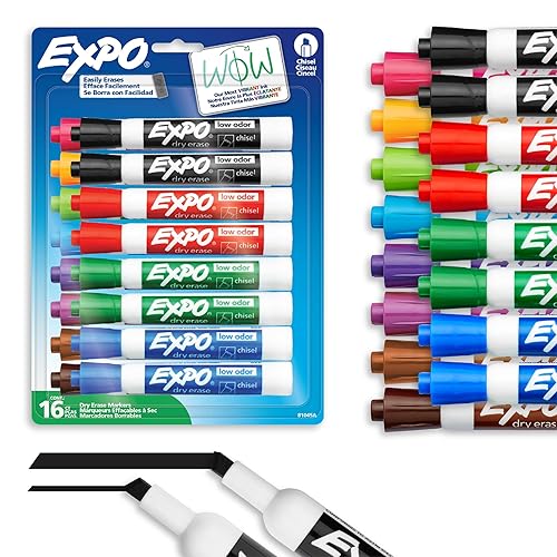 Expo Dry Erase Markers, Whiteboard Markers with Low Odour Ink, Chisel Tip, Assorted Colours, 16 Count - Assorted - 16 count (Pack of 1)