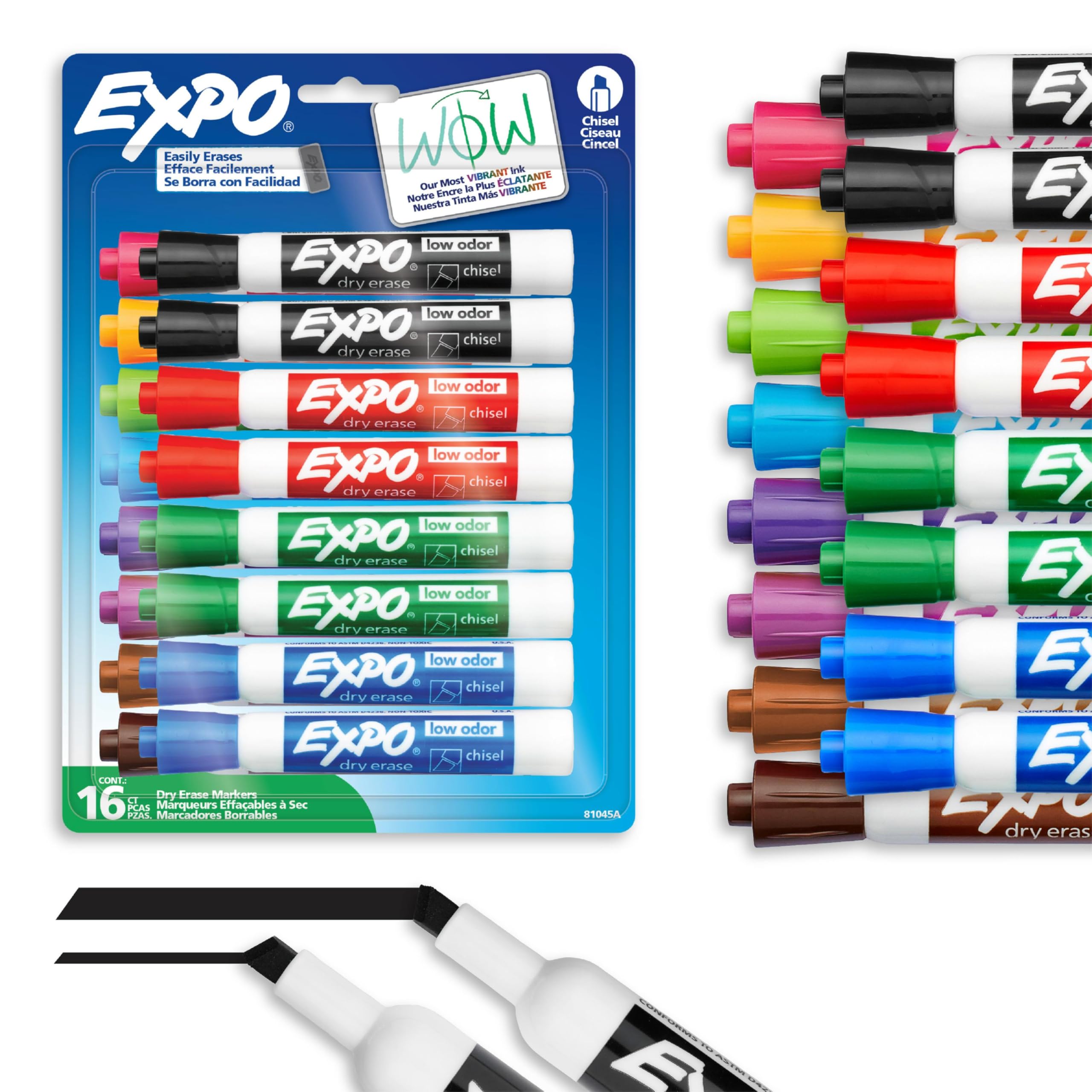 Expo Dry Erase Markers, Whiteboard Markers with Low Odour Ink, Chisel Tip, Assorted Colours, 16 Count