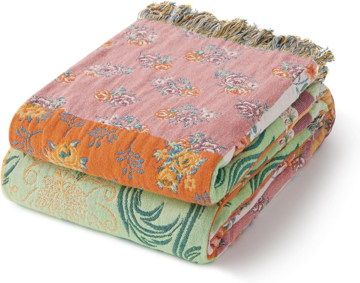 100% Cotton Boho Throw Blanket for Home Decor – Classic Farmhouse Quilt Bedding, Muslin Blankets for Adults, Vintage Woven Decorative Blanket for Couch, Bed Layering Use, Patchwork, 60"x80"