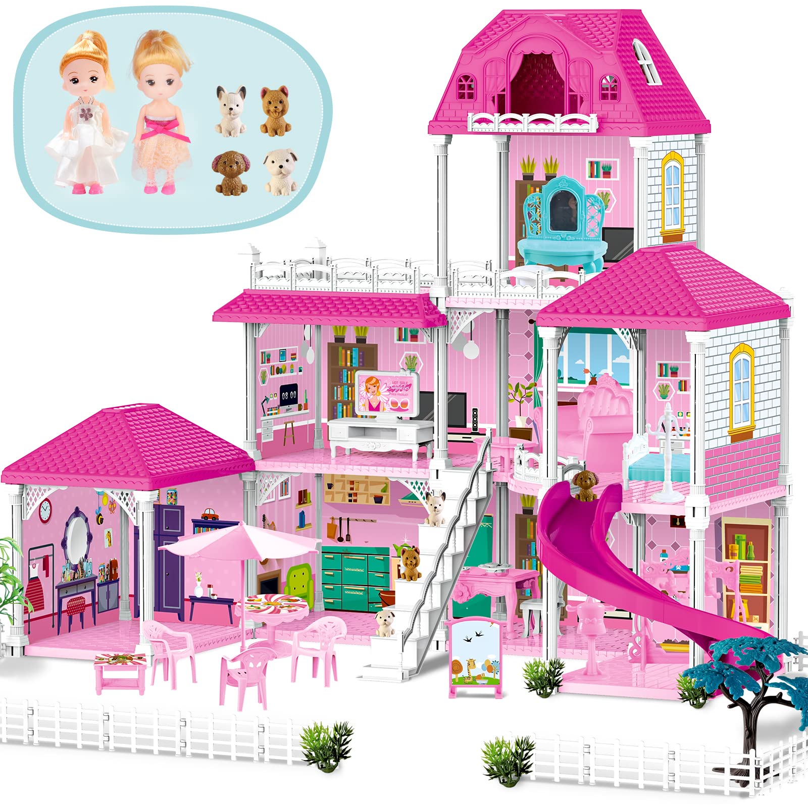 deAO Poppenhuis Dollhouse - 3 Verdiepingen 9 Kamers Roze DIY Doen Alsof Spel Gebouw Playset, Dollhouse Asseccories en Meubels, Cadeau voor 6 7 8 9 Meisjes Peuter