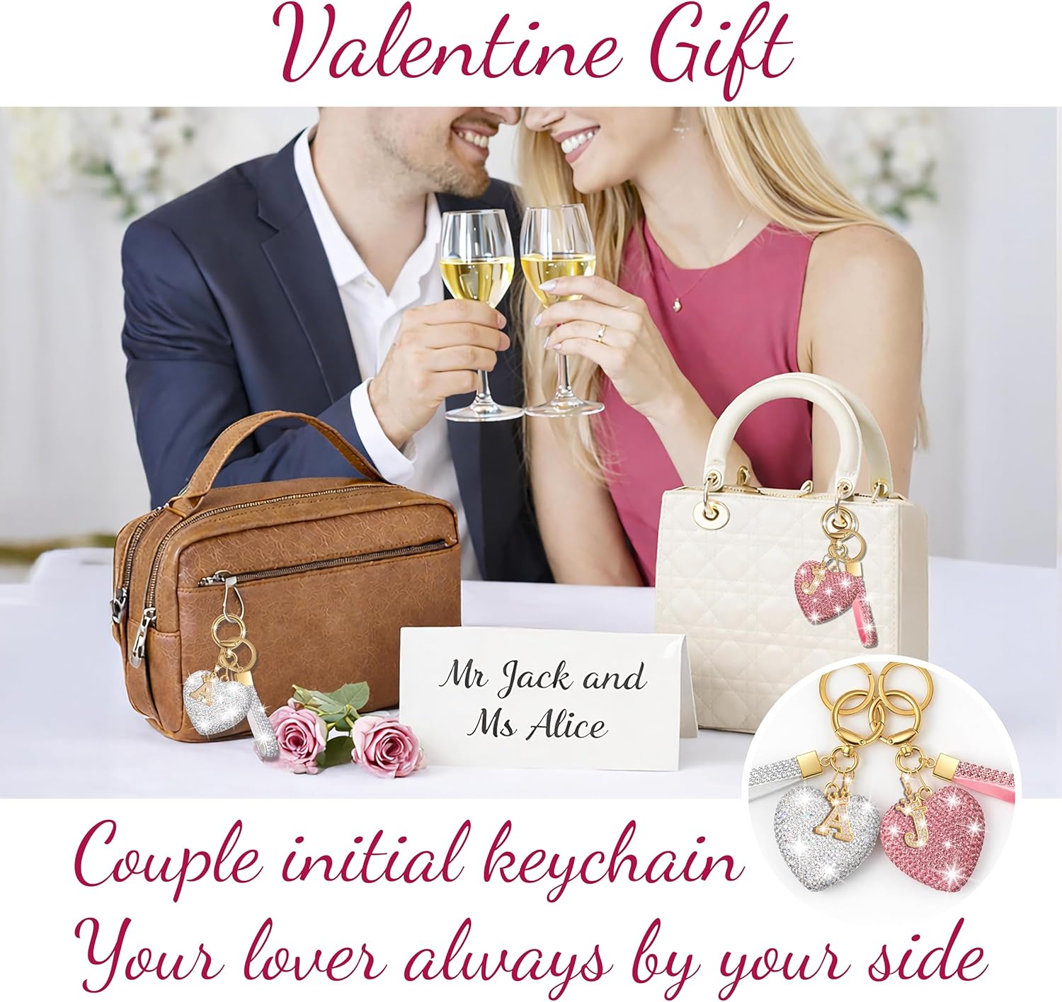 Bling Initial Letter Heart Keychain for Women – Glitter Rhinestone Personalized Bag Charm Wristlet – Sparkly Valentines Gift - Image 3