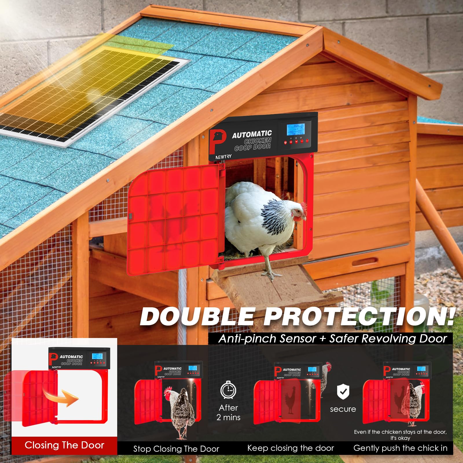 NEWTRY Abrepuertas Automático para Gallinero, Puerta Pivotante con Temporizador y Sensor de Luz, Anti-pellizco, 10W Energía Solar con Mando a Distancia de 40m (Rojo)