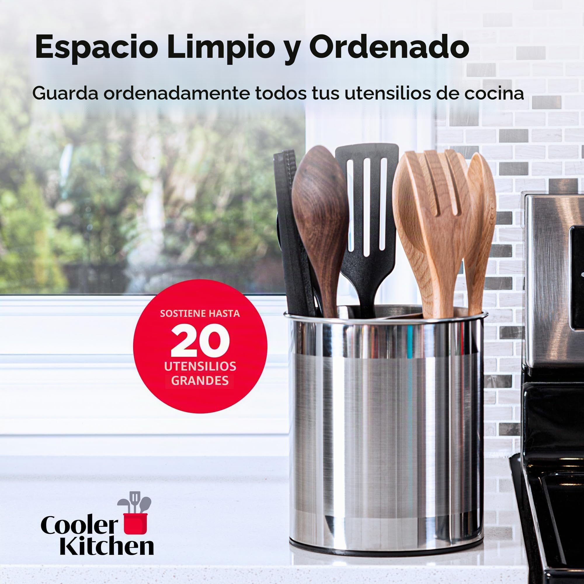 Soporte para Utensilios de Cocina COOLER con Base Estable Antivuelco, Divisor Removible y Fondo con Inserto Antideslizante. Lavavajillas