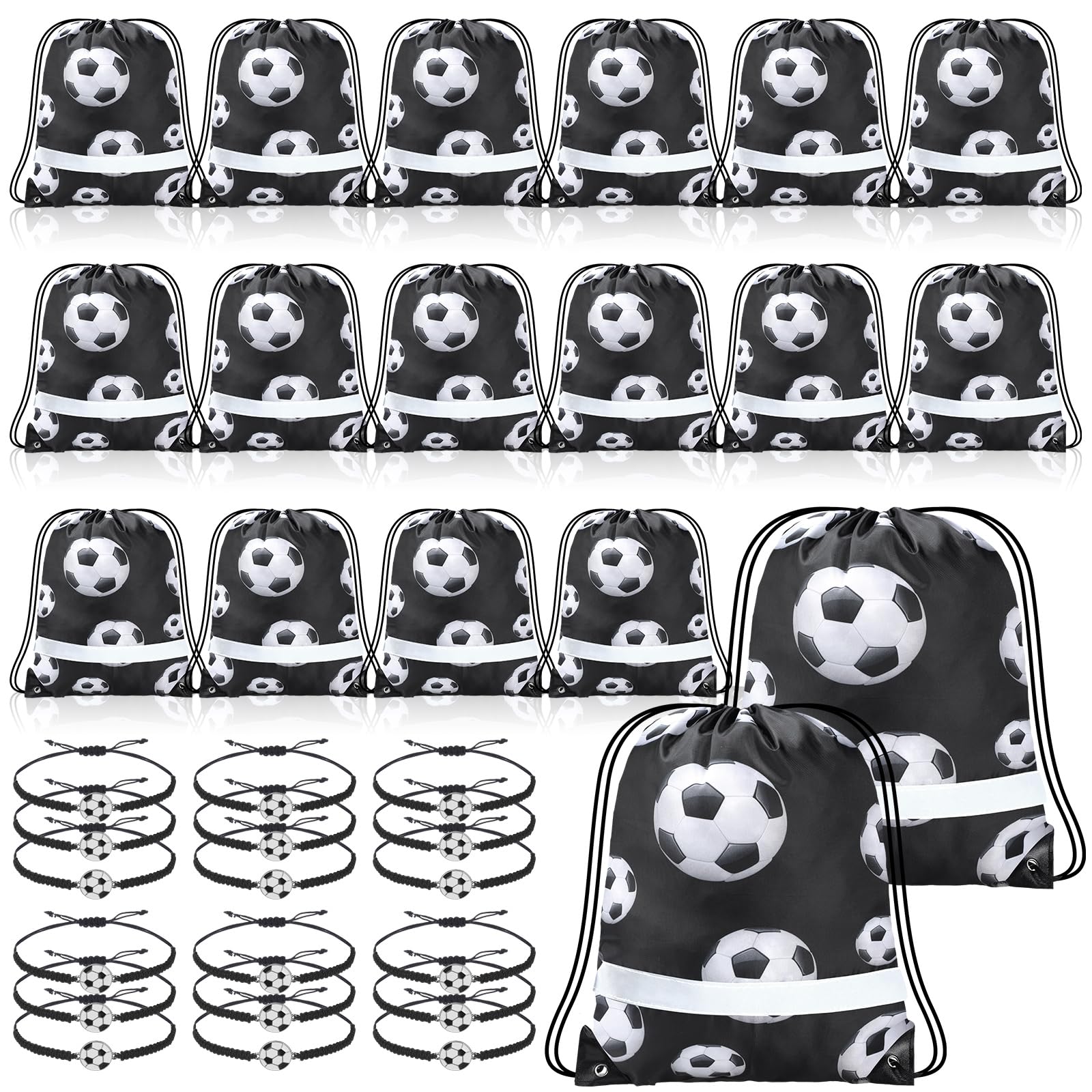 Reginary 18 Pcs Soccer Drawstring Bag and 18 Pcs Soccer Bracelet Bulk, Soccer Goodie Bags Party Favor Bags Soccer Drawstring Backpack Adjustable