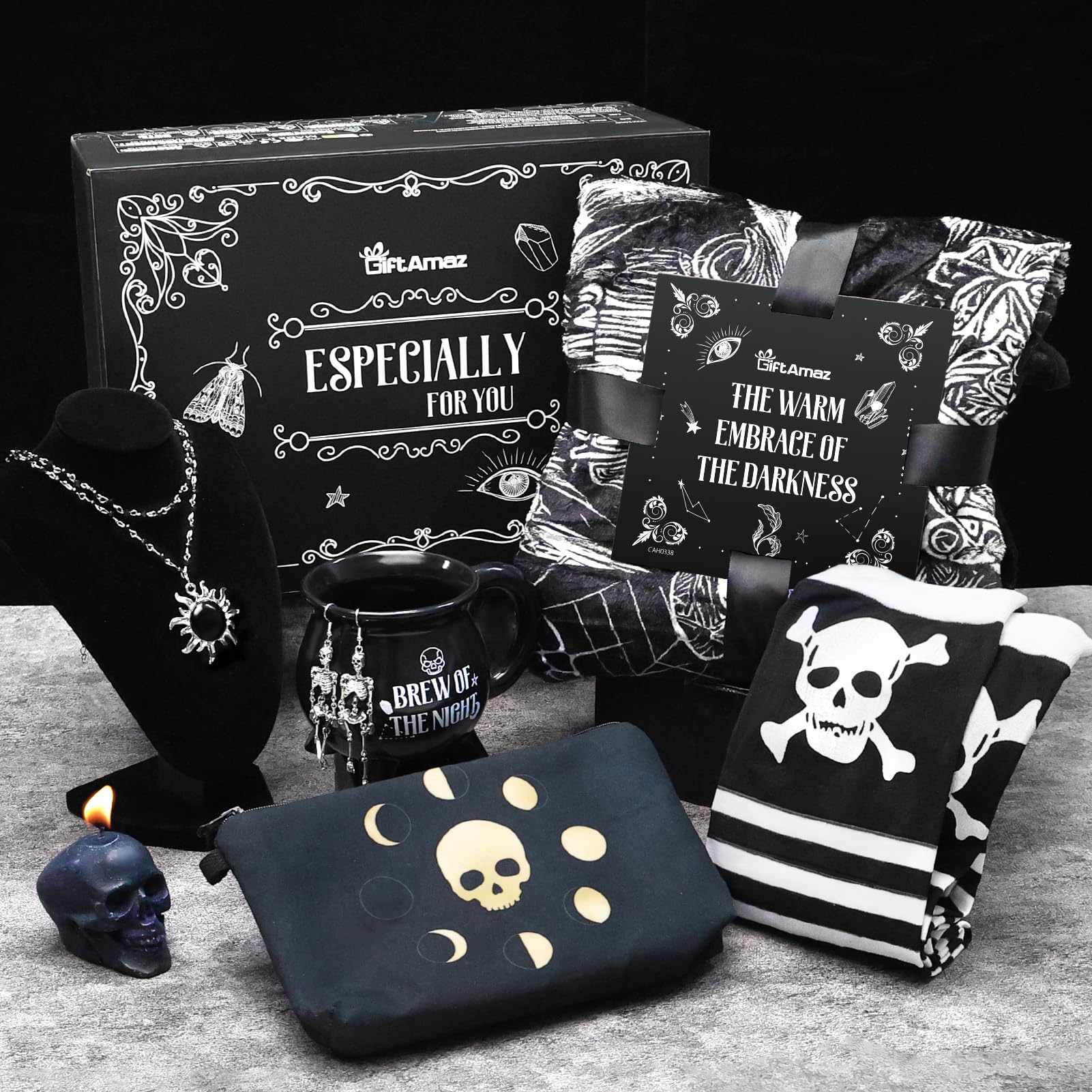 GiftAmaz Gothic Get Well Gifts for Women, Care Package with Witch Cauldron Mug, Goth Blanket & Sun Necklace, Thinking of You Birthday Box, Self Care Gift Basket for Girls Friend, Medium, Black