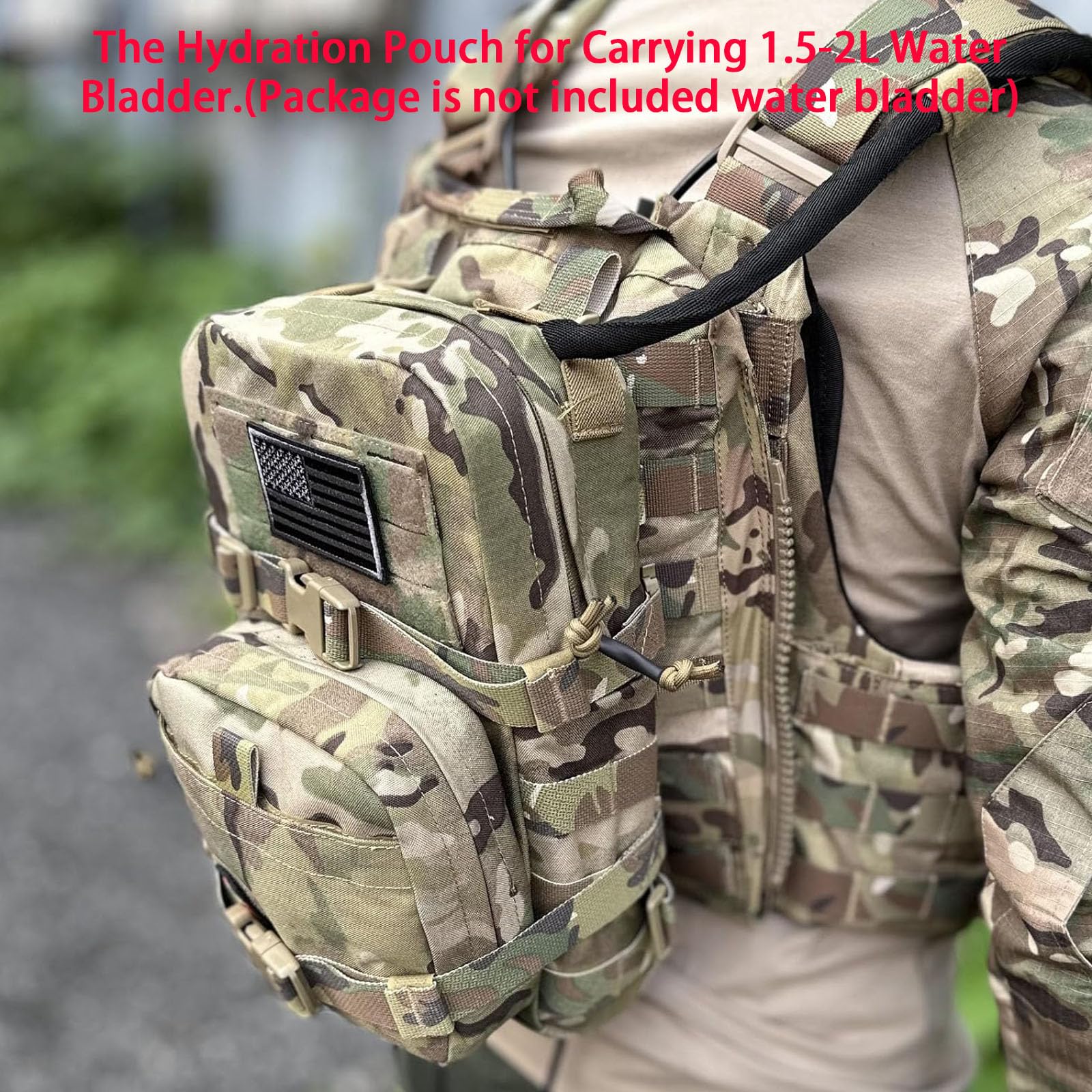 Paquete de hidratación táctico Mini Molle, portador de hidratación Molle con bolsa IFAK, bandera de Estados Unidos y parche Med, Hydropack para bolsa de agua de 2 litros