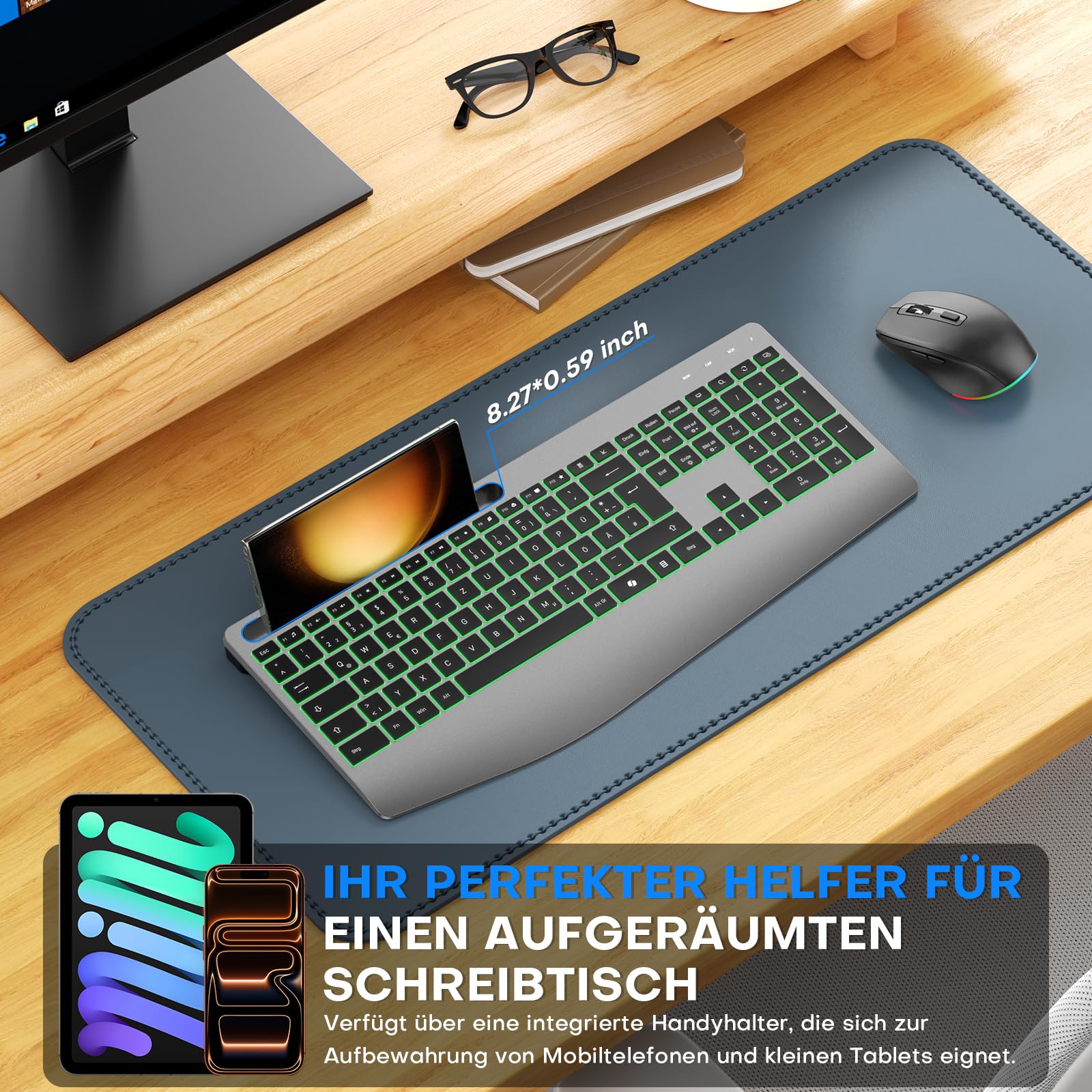 Tastatur Maus Set Kabellos 2,4GHz QWERTZ, OMOTON Beleuchtete Tastatur Leise | Handballenauflage, Ein USB Empfänger für beide Geräte, 4 DPI Maus, Wiederaufladbar, Ergonomische, Windows Linux, Home Office