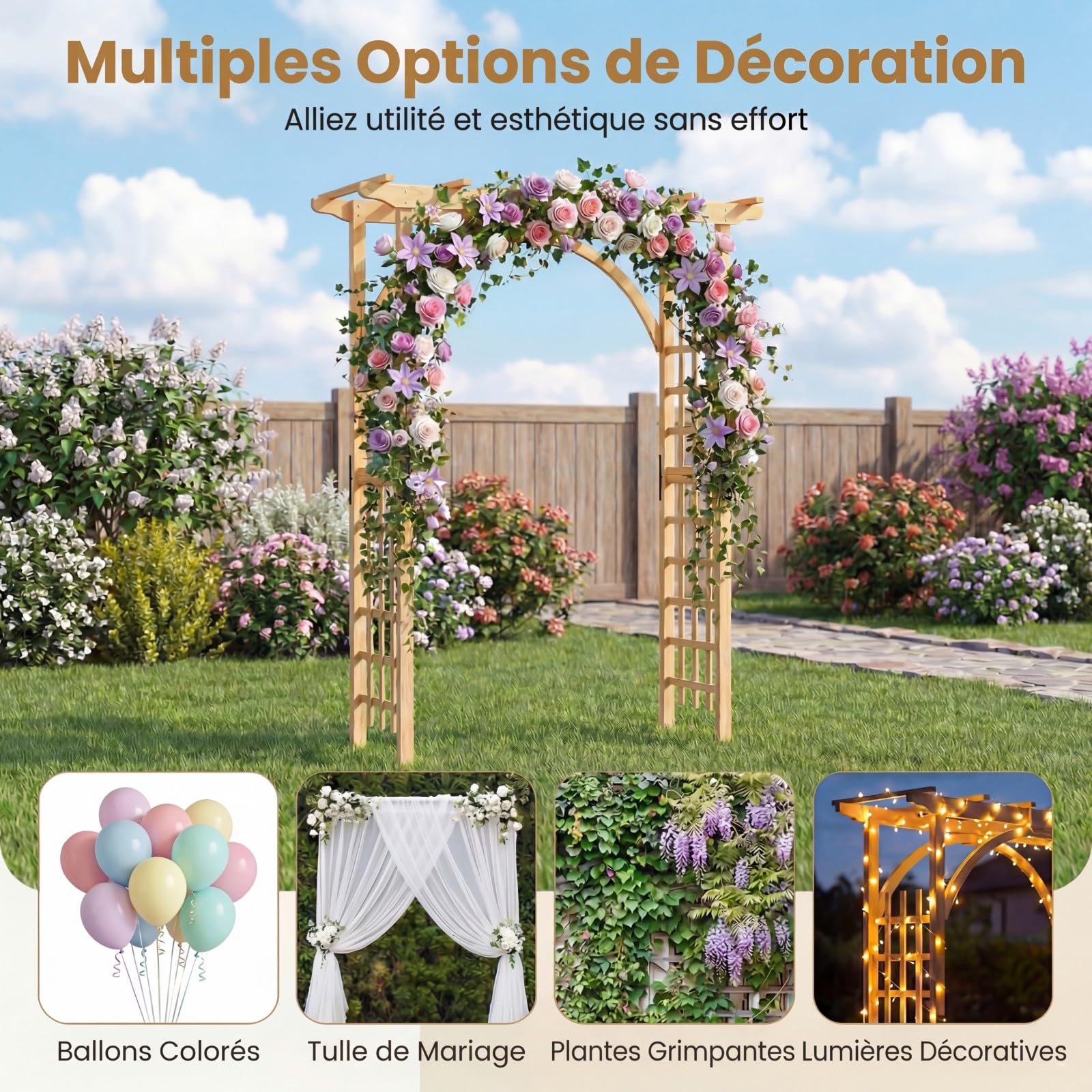 GYMAX Arche de Jardin en Bois Massif pour Plantes ou Fleurs Grimpantes, Arche en Treillis à Rosiers Lumières pour Décoration Extérieure de Fête Mariage, 134 x 213cm