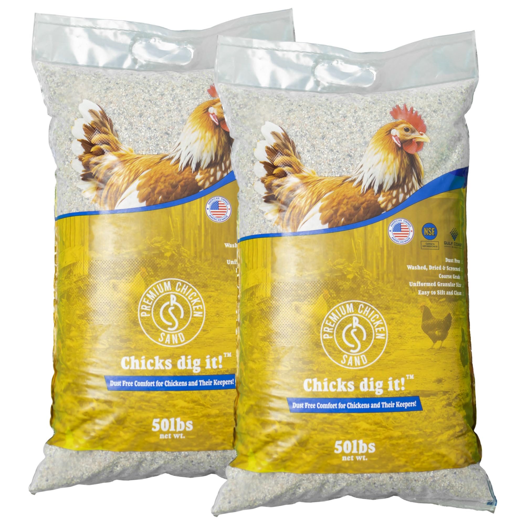 Premium Chicken Sand Paquete de 2 bolsas de 50 libras para eliminar olores para gallineros, cajas de anidación y carreras