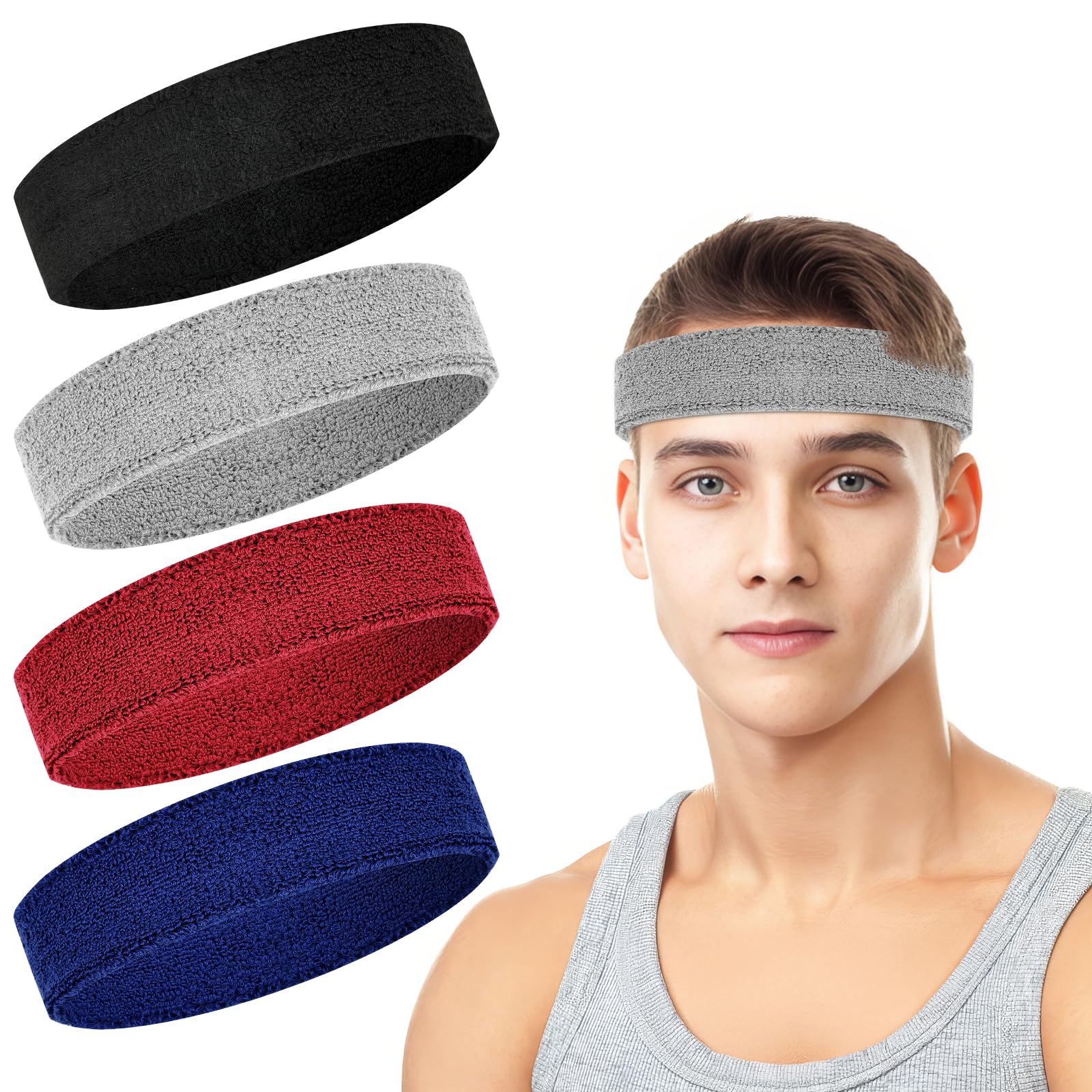 4 Pack Cotton Terry Sweat Headbands for Men Women Running Gym