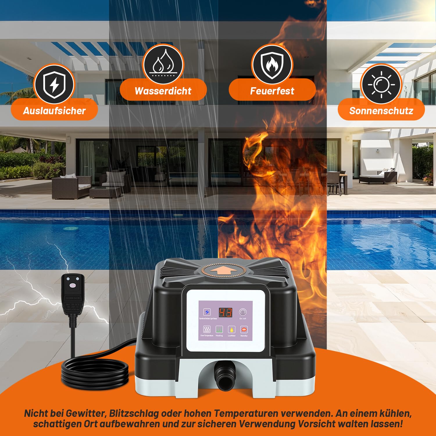 Daromigo Poolheizung Elektrisch 3000W mit Digitalanzeige, Temperaturregelung 37-45°C, Poolheizung für Aufstellpools bis 3 m³, mit FI-Schutz und Kippschutz, für 32/38 mm Schlauch