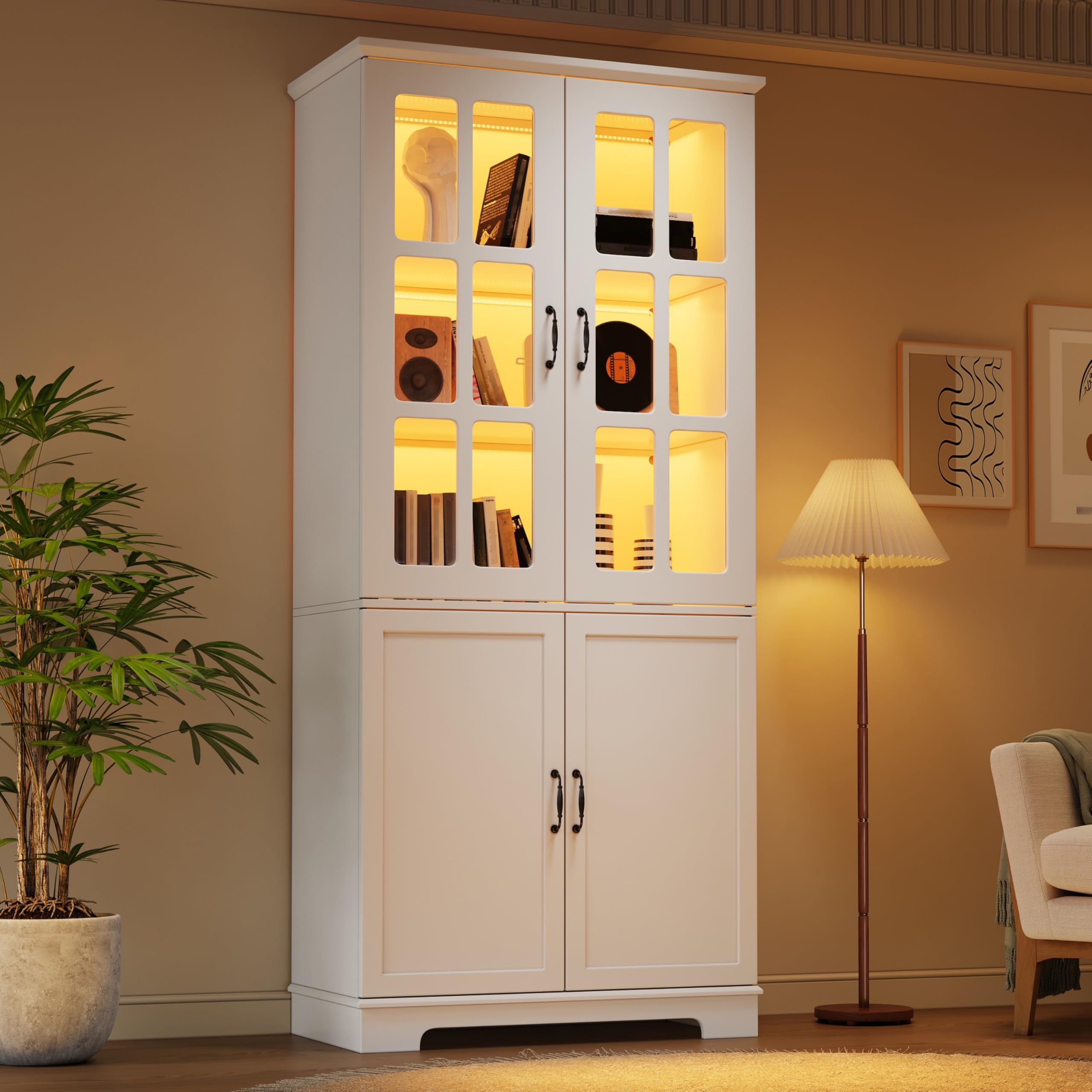 Armario alto con 2 rejas de cristal y 2 puertas completas, 80 x 38 x 180 cm, color blanco, estantería con 5 niveles, tablero de partículas, armario de vitrina estilo rústico para salón y