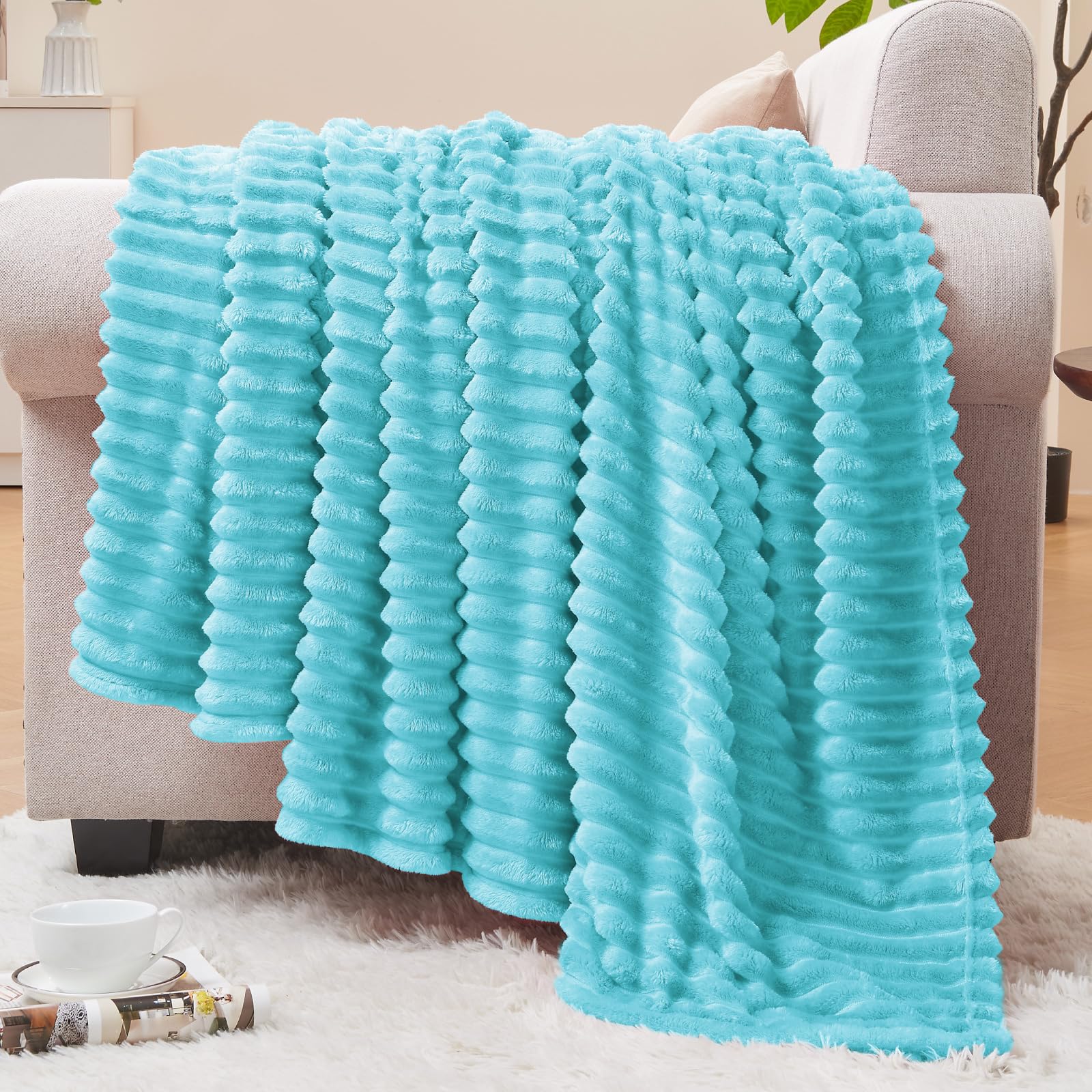 BEDELITE 3D Ribbed Light Blue Fleece Throw Blanket for Couch, 50x60 Inch | Soft Warm Decorative Fluffy Blanket, Cozy Plush Lightweight Fuzzy Throw Blanket for Bed Sofa Home Room Decor, Gift for Women