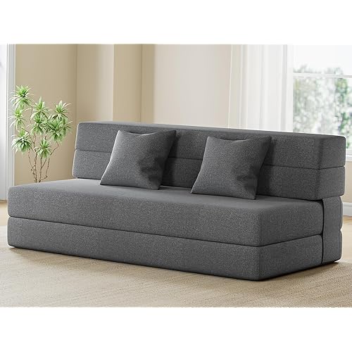 IULULU Folding Sofa Bed, Convertible Sleeper Floor Couch with 2 Pillows, Foldable Foam Mattress for Living Room/Dorm/Guest Room/Apartment/Small Space, Queen