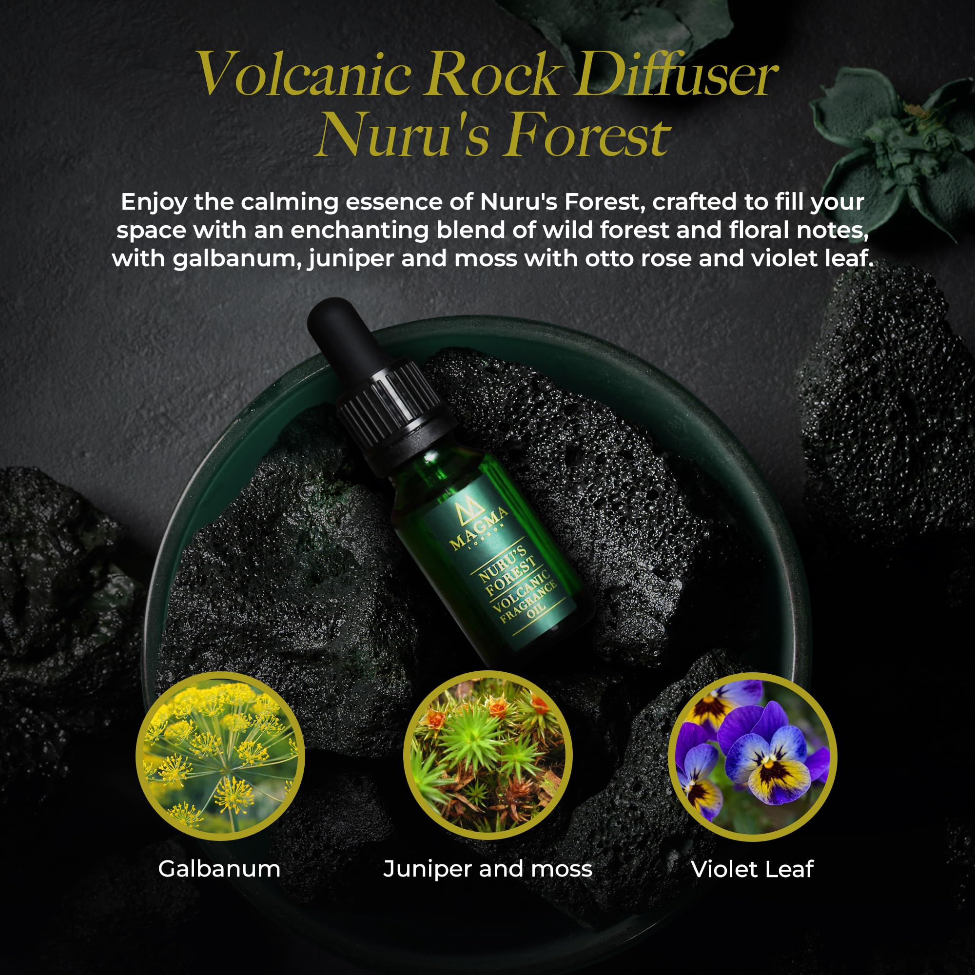 Difusor de Piedra de Lava - Difusor de aceites Esenciales de Rocas volcánicas - Fragancia para el hogar - Piedras aromáticas orgánicas de Larga duración de Magma London (Nuru's Forest)