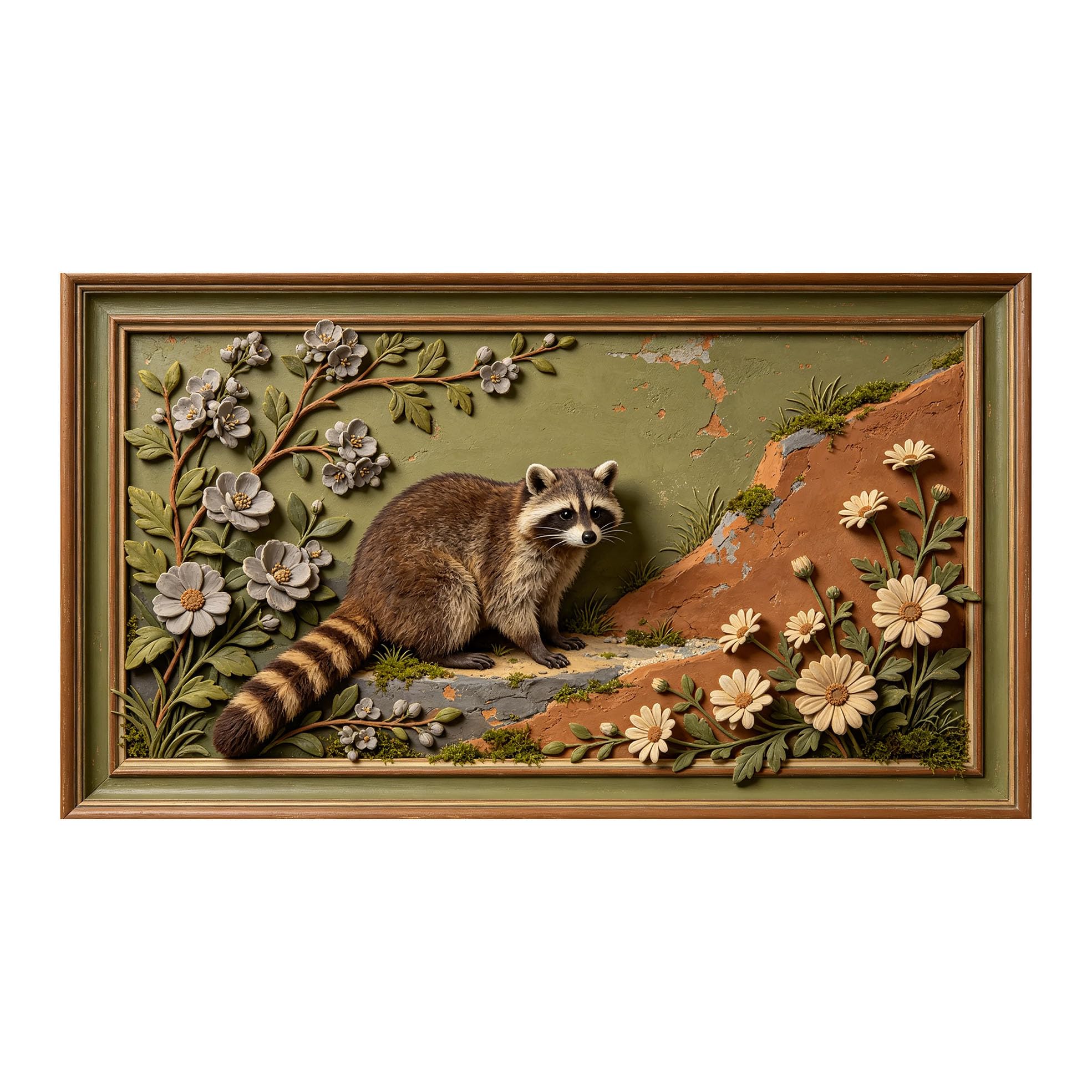 Murasolite 3D 3D Framed Wall Art 50cm×90cm Woodland Raccoon Floral Relief Effect SelfAdhesive Fabric Mural Wall Decor, Peel and Stick No Damage to Wall for Bedroom Living Room