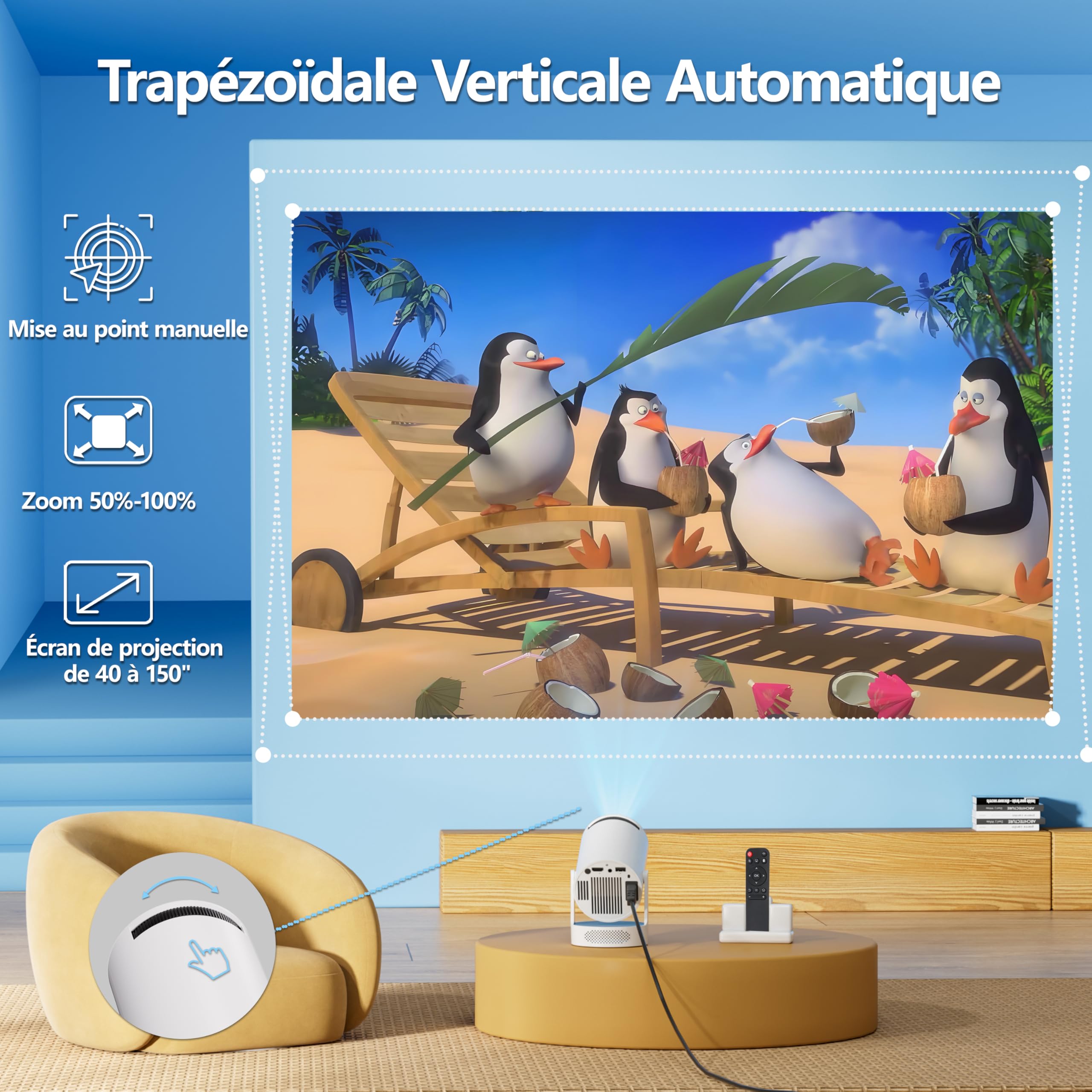 Vidéoprojecteur Intelligent Android 11, Mini Projecteur Portable FHD 1080P 4K, 300 ANSI Lumens, WiFi 6 Bluetooth 5.0