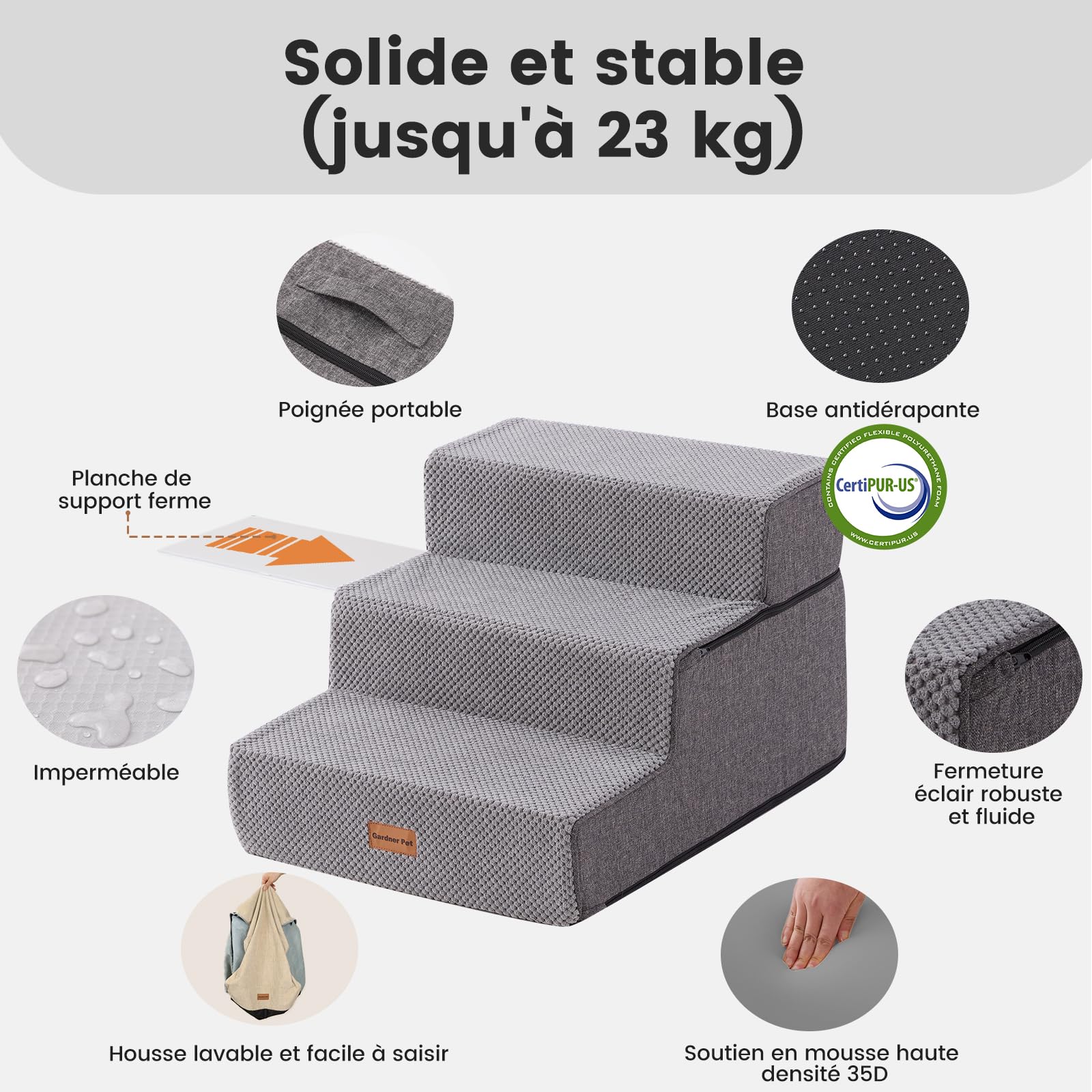 Gardner Pet Escaliers pour Chiens à 3 Marches en Éponge Haute Densité, Échelle Large pour Animaux de Compagnie avec Housse Amovible, Escaliers Chien Antidérapant pour Monter Canapé et Lit -Gris