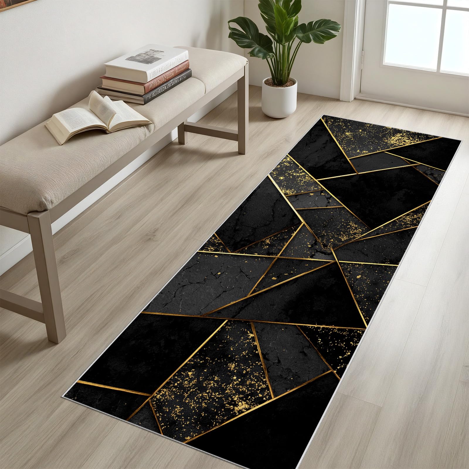 Luxuriöse Geometrie Linien Aus Blattgold Waschbarer Teppich 60x240 cm Teppichläufer Läufer Flur Rutschfest für Schlafzimmer Teppich Geometrie Muster Schwarz Gold Extra Dünn Teppisch Flurläufer