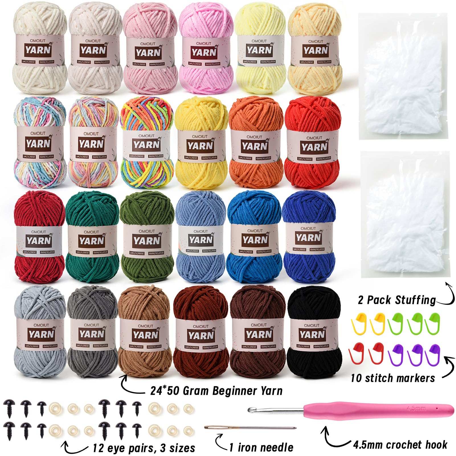 OMoiut Amigurumi-Garn-Set mit 1200 g Häkelgarn, Häkelnadel, Maschenmarkierer, flauschige Füllung, Zubehör, 24 Stück