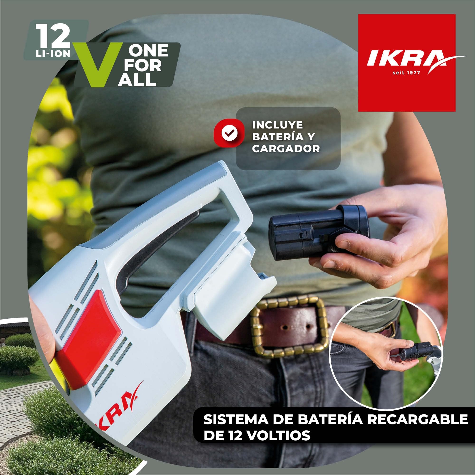 IKRA Cortasetos IAHS 1240, con batería y Cargador, Peso Ligero de 2 kg | Cuchilla con guía de aluminio y protector, longitud 41cm, grosor de corte 14mm, compatible con la gama de baterías IKRA 12V