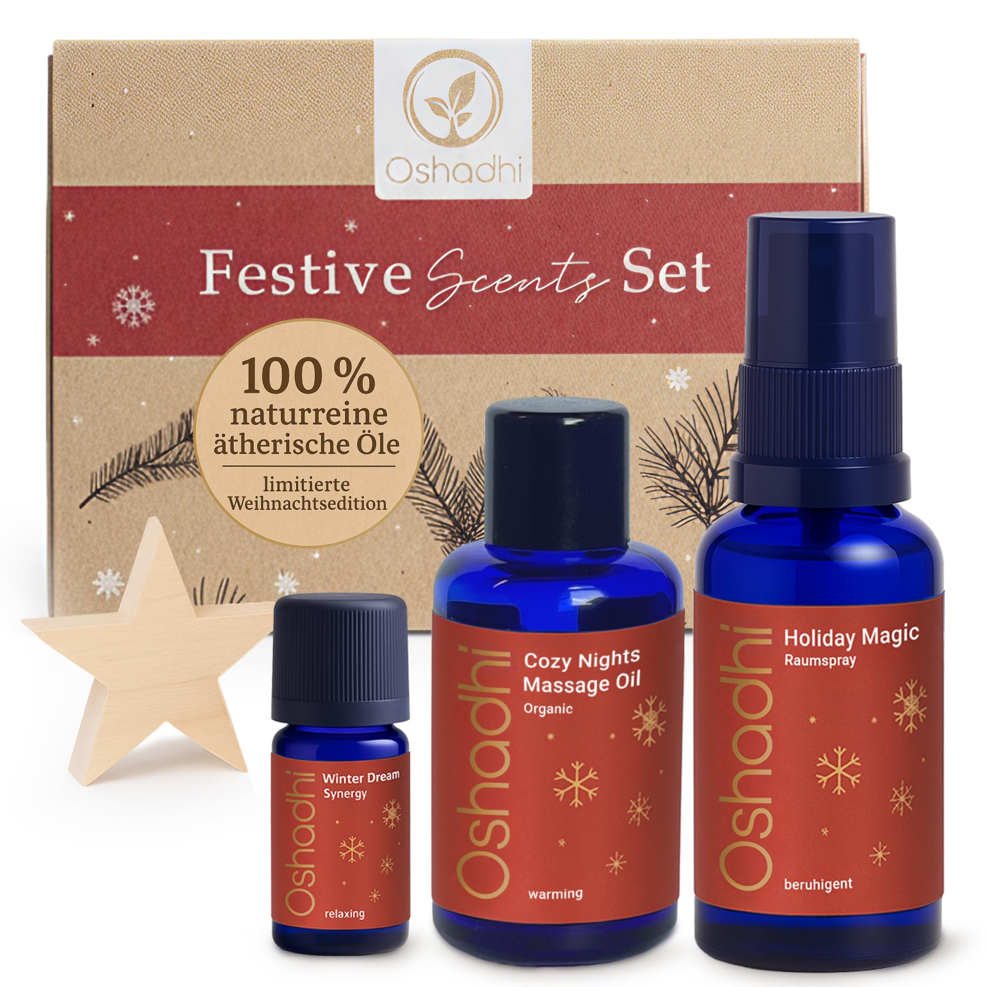 OSHADHI Festive Scents Geschenkset - Raumspray 30 ml - Duftöl 5 ml - Körper Öl 30 ml - Geschenkset Frauen & Männer - Geschenke für Weihnachten - Spa Aromatherapie Set - Naturreine Inhaltsstoffe