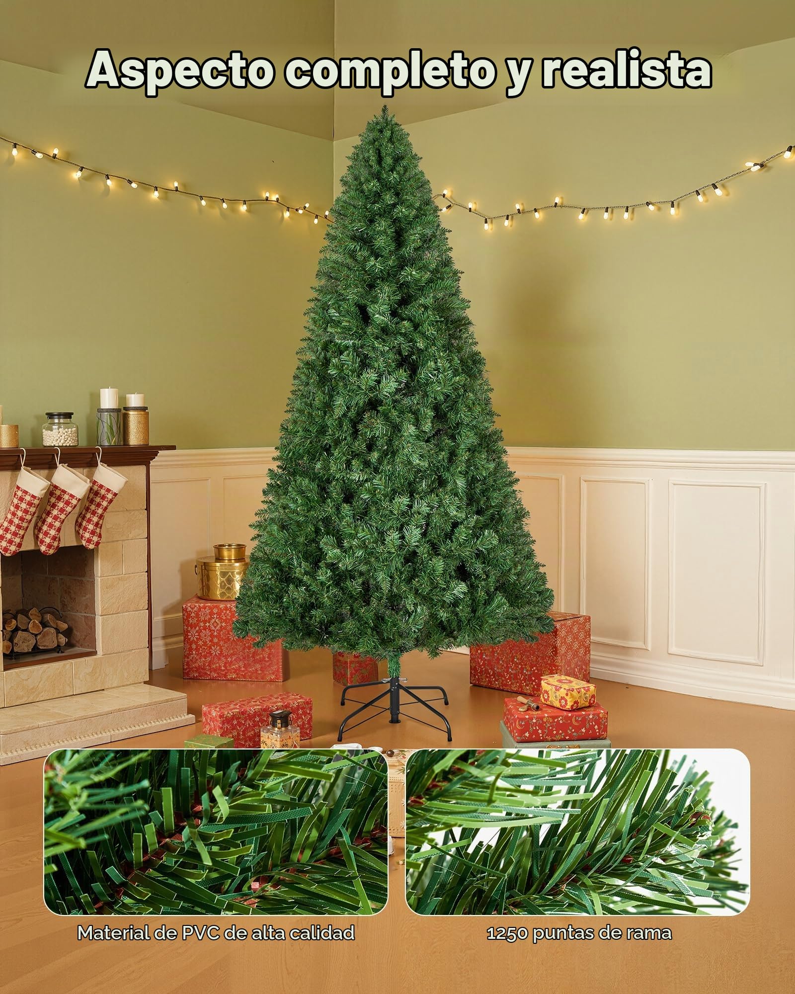 VEVOR Árbol de Navidad Artificial, Decoración de Interiores 180 cm con 1250 Ramas de PVC Ignífugo y Base de Metal, Ideal para Salón, Dormitorio, Centro Comercial, Parque y Oficina, Verde