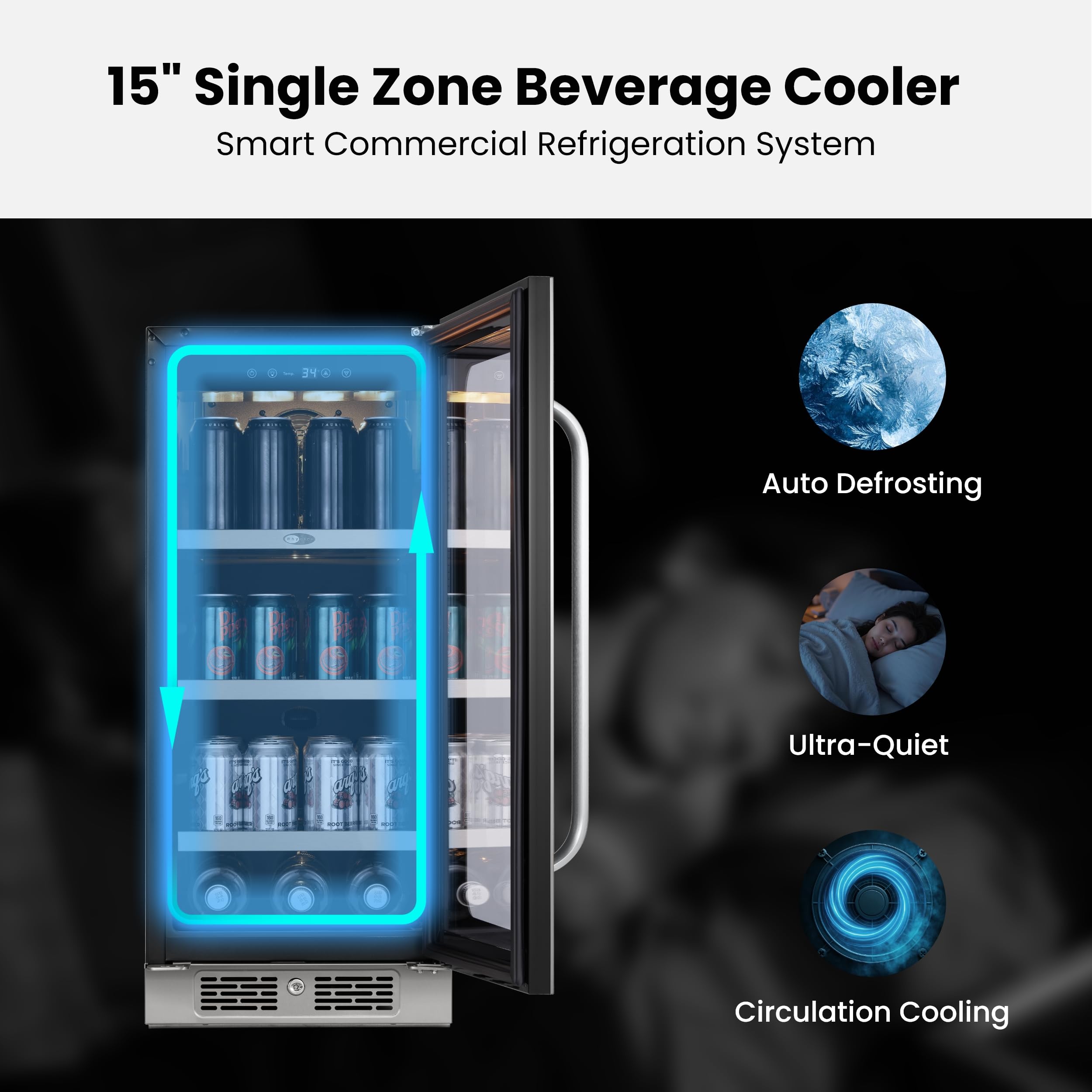 15 Inch Beverage Refrigerator Small Beverage Fridge, Drink Fridge With Glass Door 3 LED 34-54 ℉ Beverage Cooler Built-In Or Freestanding 80 Cans (3.0 Cu.Ft) on Fridge.com - View 2