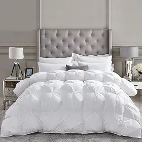 Edredom luxuoso de plumas de ganso para todas as estações California King (Cal King), design requintado com pregas de pincha, 1200 fios 100% algodão egípcio, peso de enchimento de 2,12 g, branco