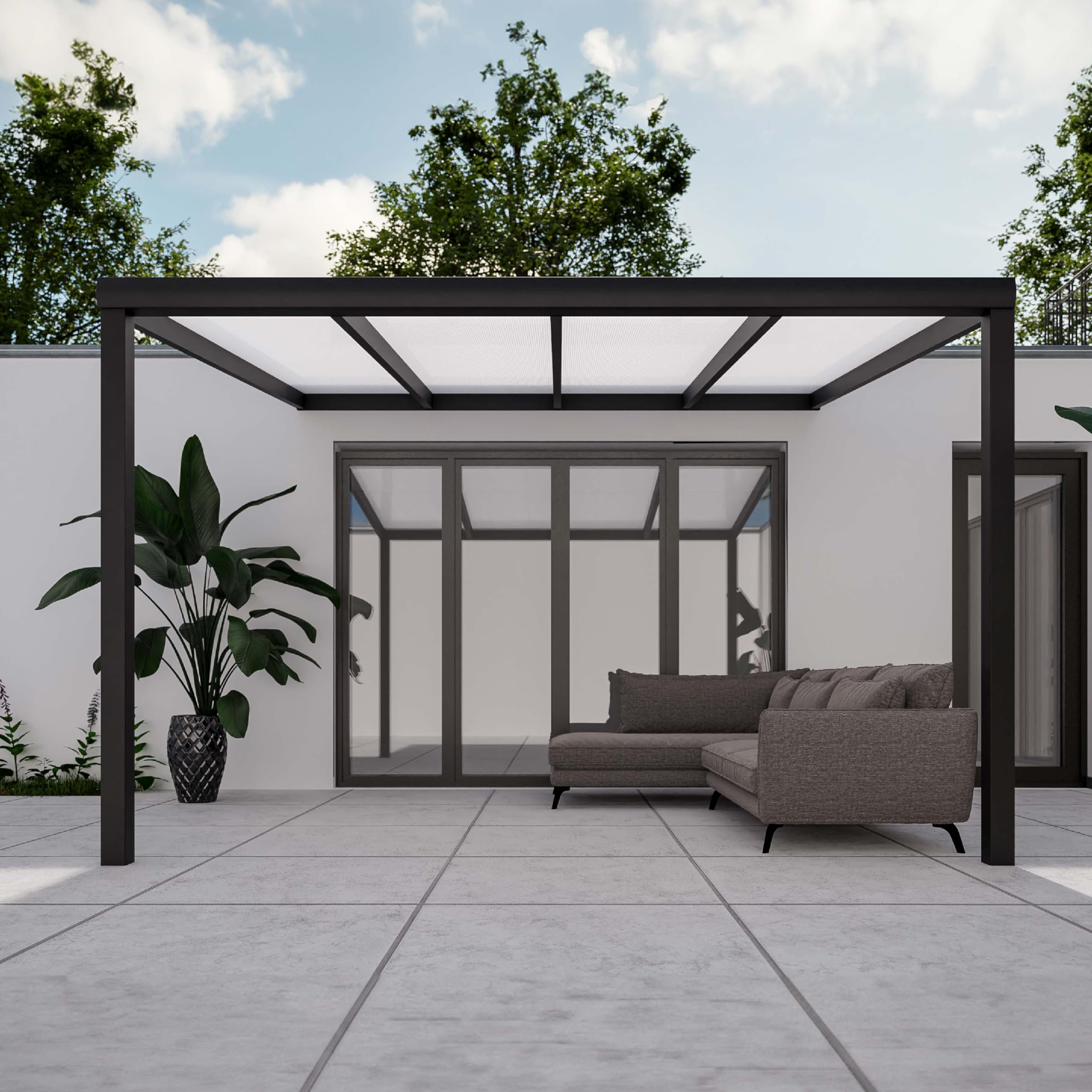 Pratt & Söhne Terrassenüberdachung aus Aluminium 406 x 357 x 285 cm - Pavillon inkl. Hohlkammerplatten Opal - Carport Pergola Veranda - Anthrazit
