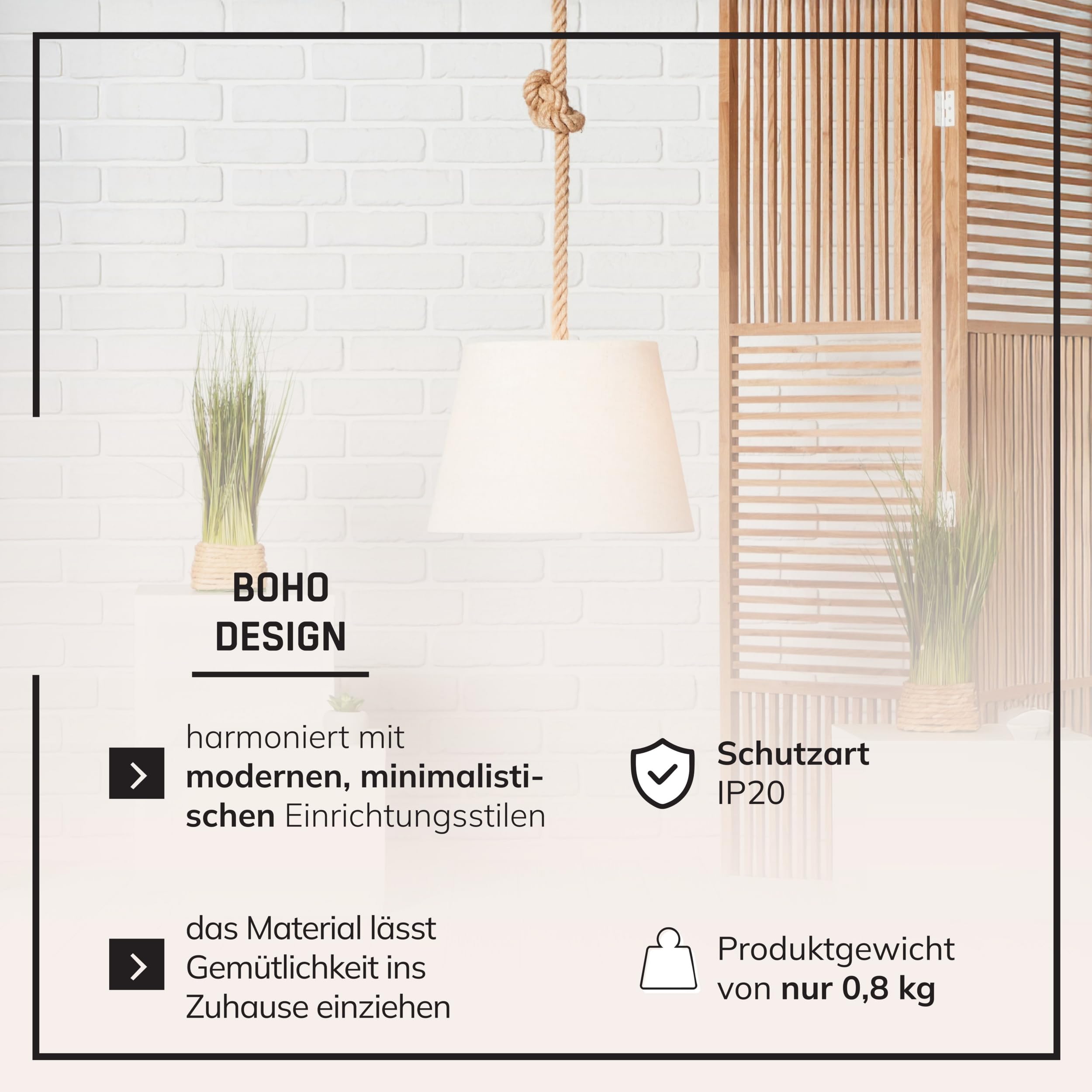 Lightbox Boho Hängelampe mit Stoffschirm & Seil-Kabel - natürliche Pendelleuchte Ø 35 cm - Lampe für Esstisch, Wohnzimmer & Schlafzimmer - E27 Fassung exkl. LED