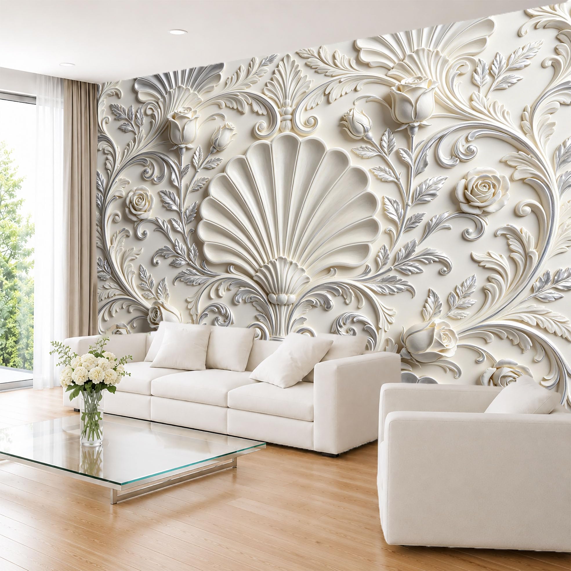 Carta Da Parati Fotografica In Tessuto Non Tessuto con Motivo Floreale Elegante Stile Palazzo Europeo Classico Di Lusso 500×350 cm (Lxa) Grande Ornamento A Ventaglio con Conchiglie Rivestimento Mur