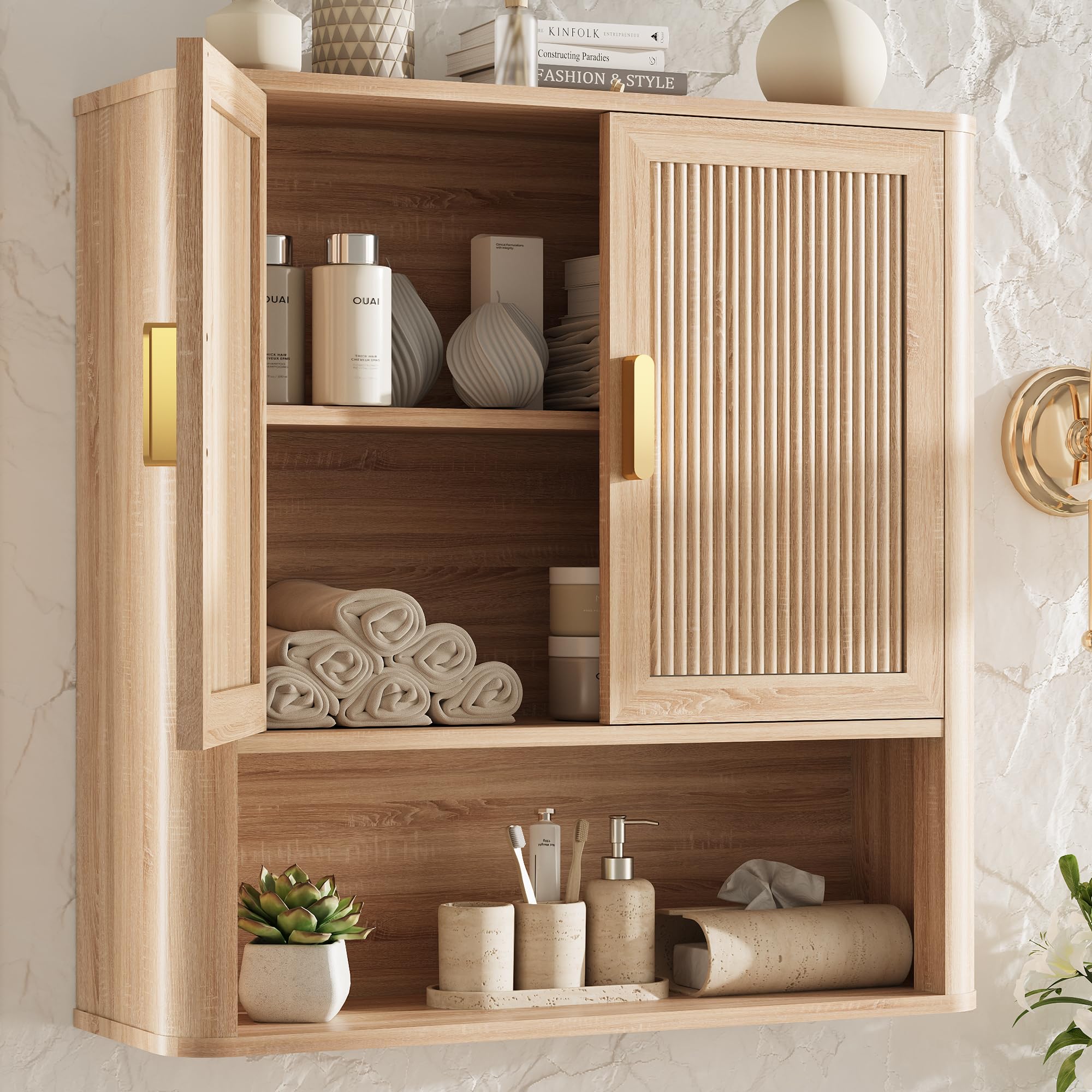 Bathroom Storage Cabinet, Medicine Cabinet with Adjustable Wood Shelf & Doors, Over The Toilet Storage Cabinet for Laundry Room & Kitchen & Living Room (Natural Oak)