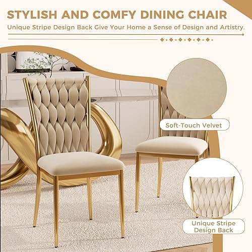 Miniatura 7 de Juego de 4 sillas de comedor de terciopelo, modernas sillas de cocina tejidas con patas de metal dorado, cojín tapizado con respaldo alto,