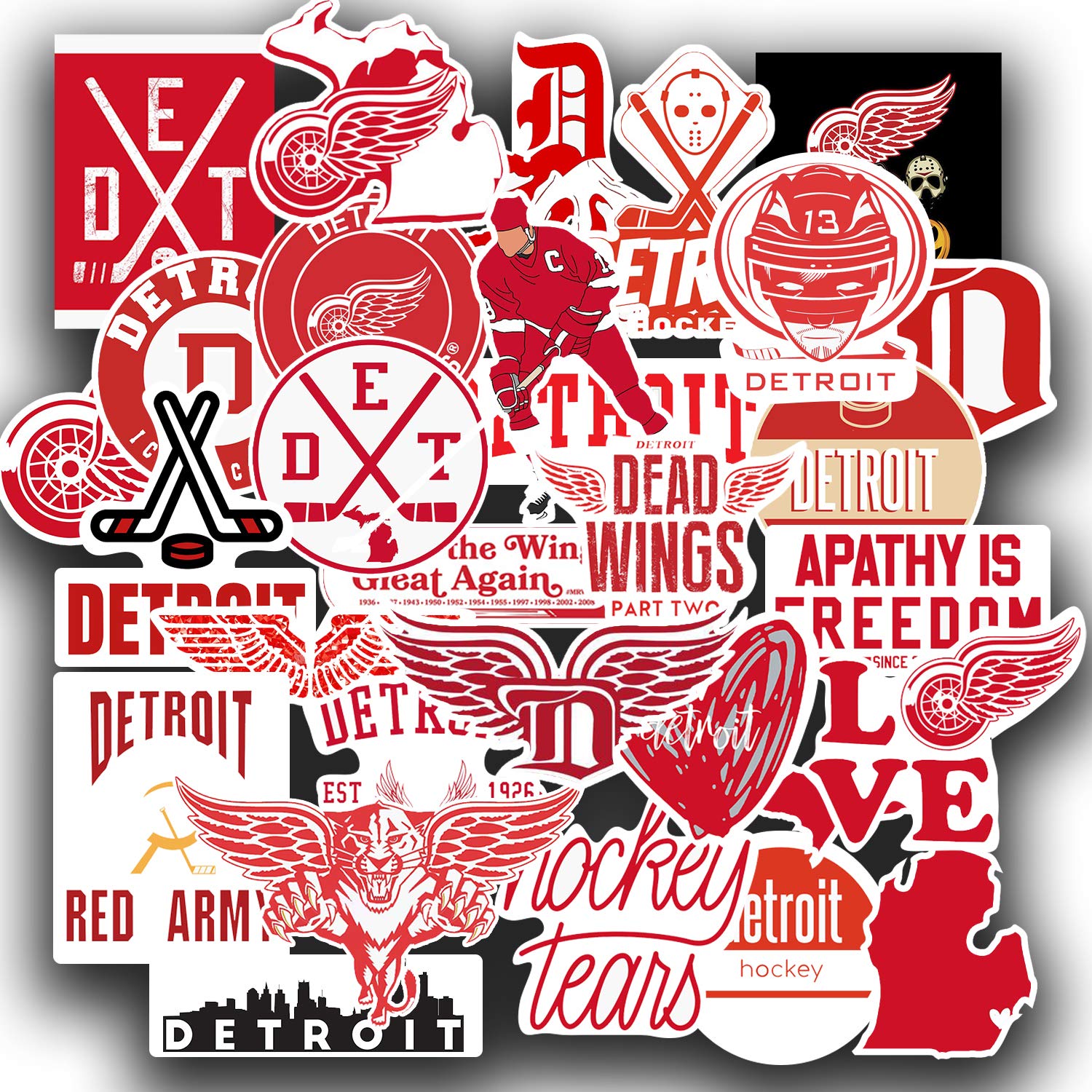 29 PCS Set of Detroit Vinyl Red Wings Stickers Pack Detroit Decal Red Wings 2-2.5 inches