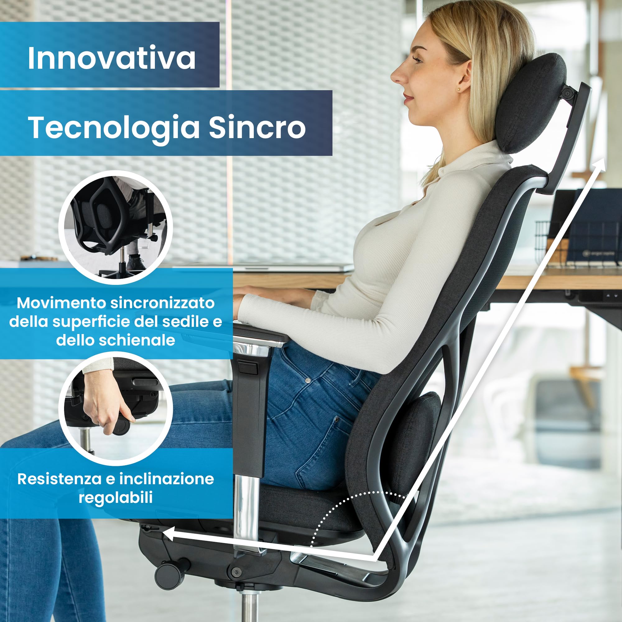 Ergotopia NextBack Pro - Sedia da ufficio ergonomica fino a 150 kg - Sedia da scrivania ergonomica con poggiatesta, 100% regolabile individualmente, sedia da gioco Office Chair
