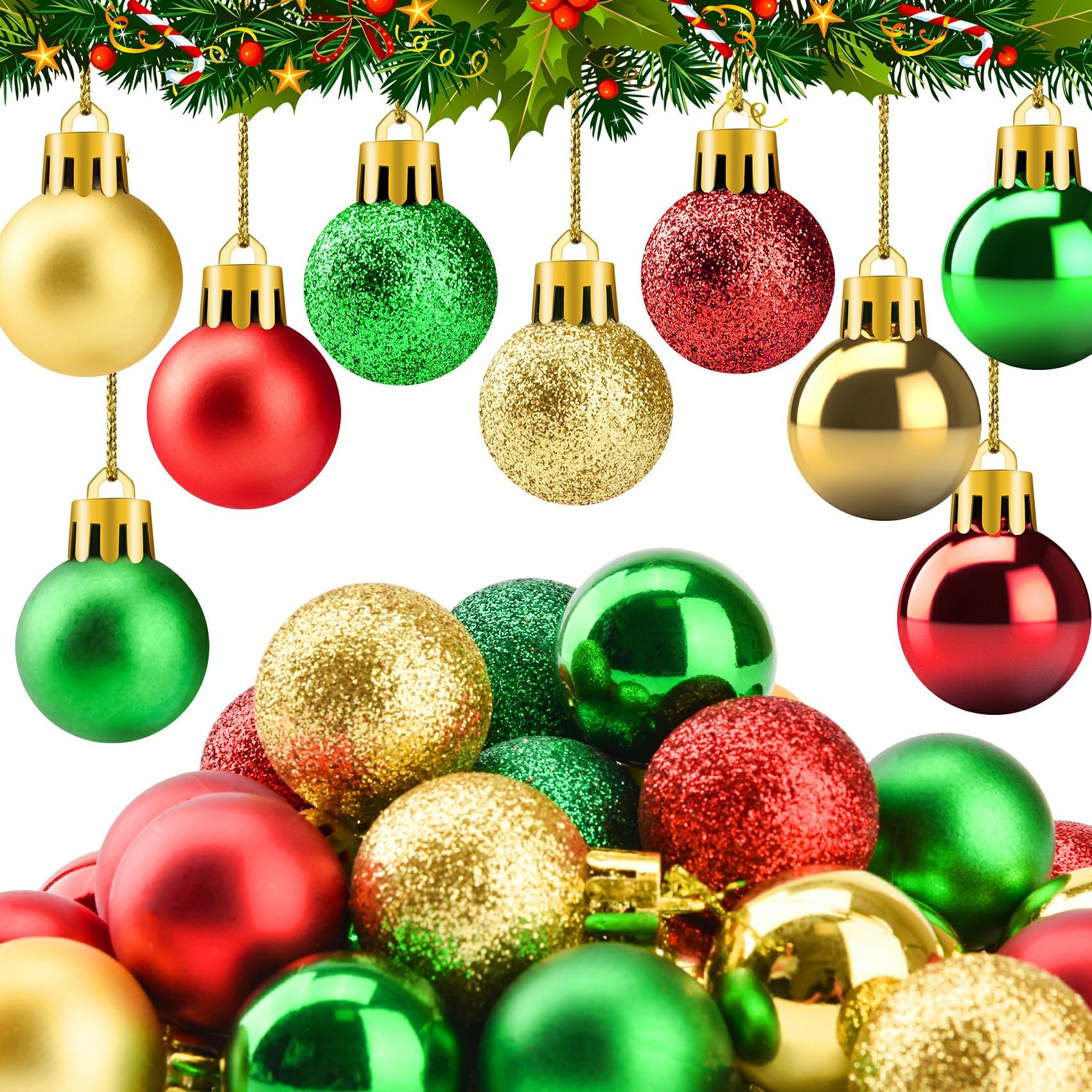 Aucpod Red, Green, Gold 36Pcs Mini Shatterproof Christmas Balls, 3Cm/1.18Inch Mini Baubles Red Green Gold Plastic Ball Ornament For Christmas Tree Ornaments Party Decoration (36)