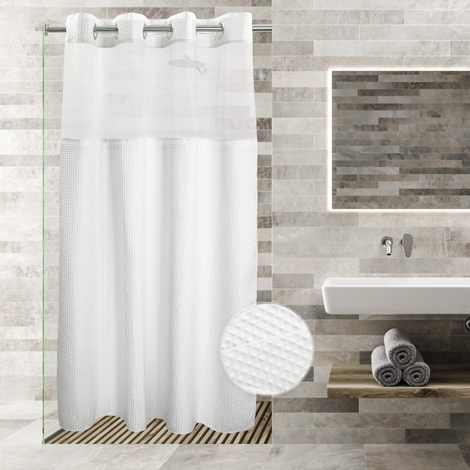 River Dream White Fabric Shower Curtain Set, Cotton Blend, Waffle Weave, with Snap in Replacement Liner?54 x 80 inches White 80.00" x 54.00"