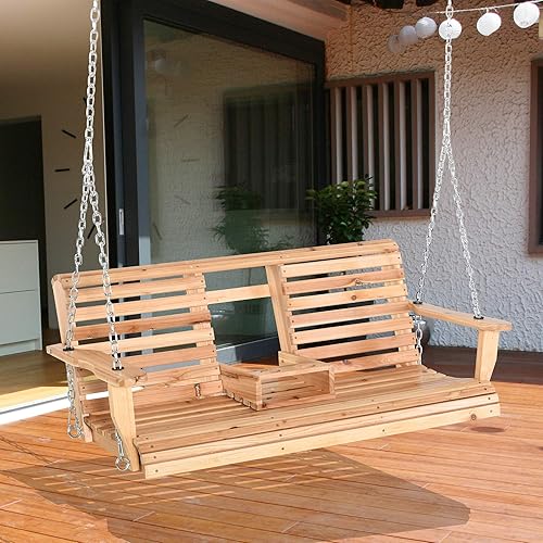 Miniatura 2 de Outsunny Columpio de madera para porche de 3 plazas banco de columpio para patio con mesa de centro plegable portavasos y cadenas incluidas