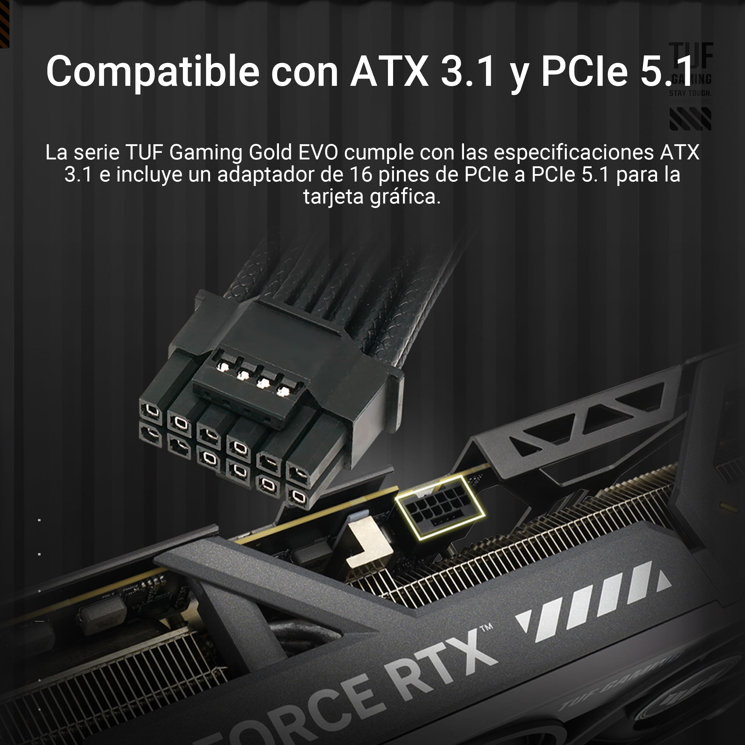ASUS TUF Gaming 750W Gold EVO - Fuente de alimentación Modular (certificación 80 Plus y Cybenetics Gold, ATX 3.1, PCIe 5.1, Cable 12V-2x6, 8 años de Cobertura, componentes de Grado Militar)