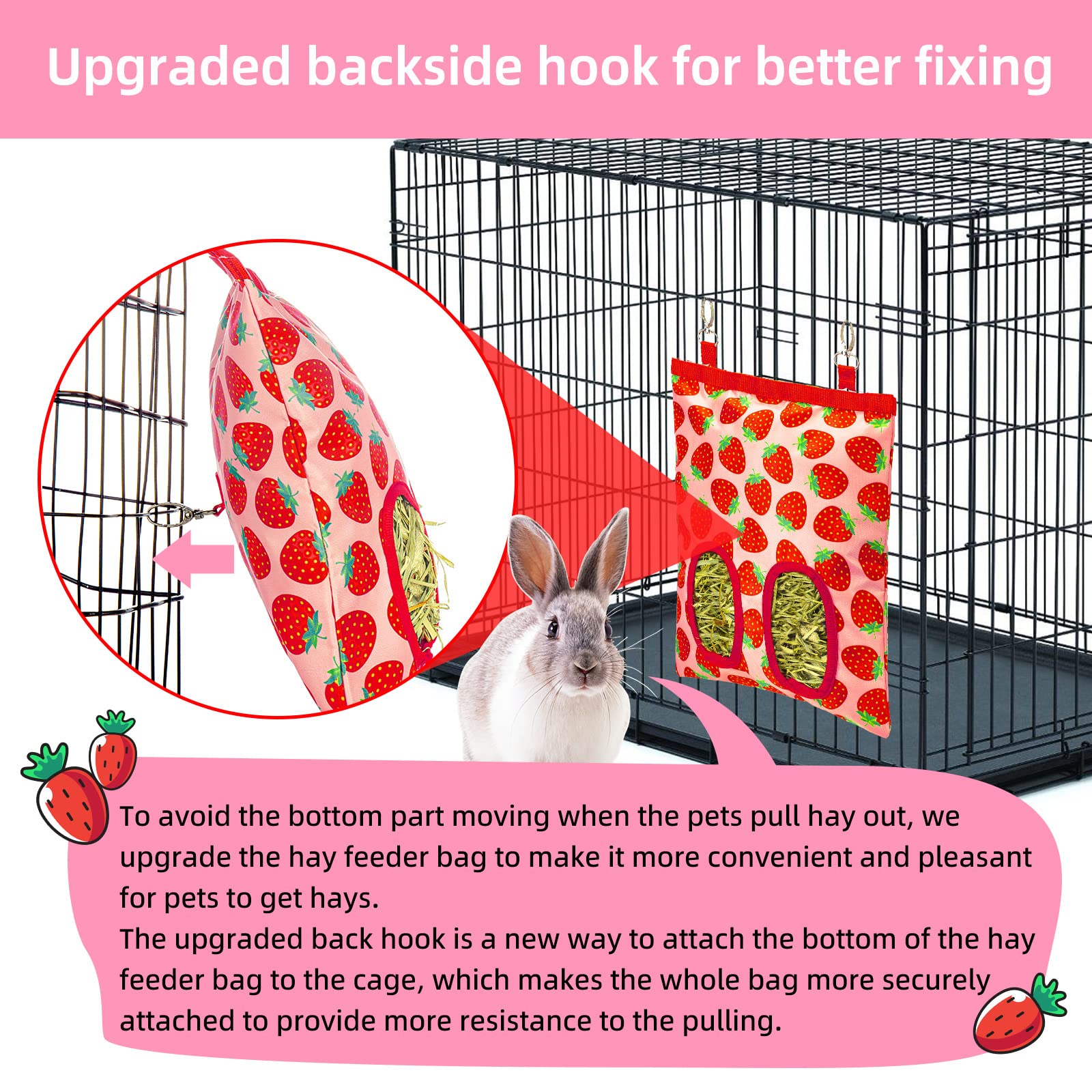 2Packs Large Rabbit Hay Feeder Bag, Upgraded Guinea Pig Hay Feeder with 3 Hooks, Chew Proof Washable Hay Bag for Rabbits Bunny Chinchilla Hamster, Mess Free Grass Holder 2 Holes, 9.8x11.4 Inch - image 7