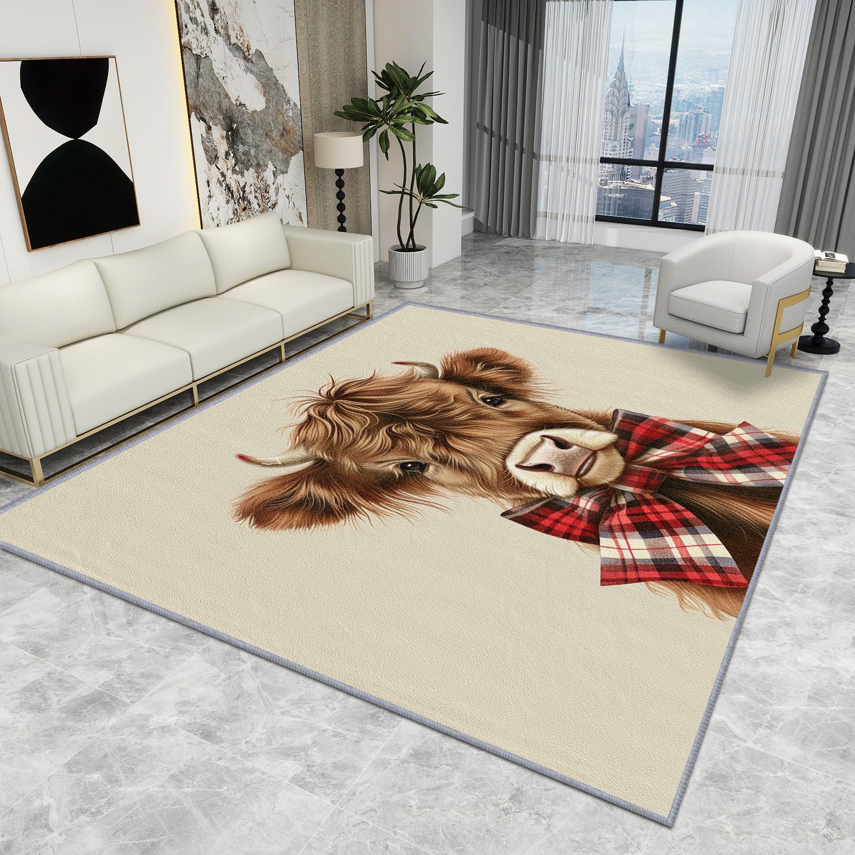 Highland Cow Rug Nursery - Highland Cow Rug - Cute Funny Farm Animal Bow Rugs, Kids Nursery Baby Carpet, Washable Rug Non Slip Low Pile Soft Small Area Rugs, Highland Cow Home Decor Gifts, 80 X 100 cm