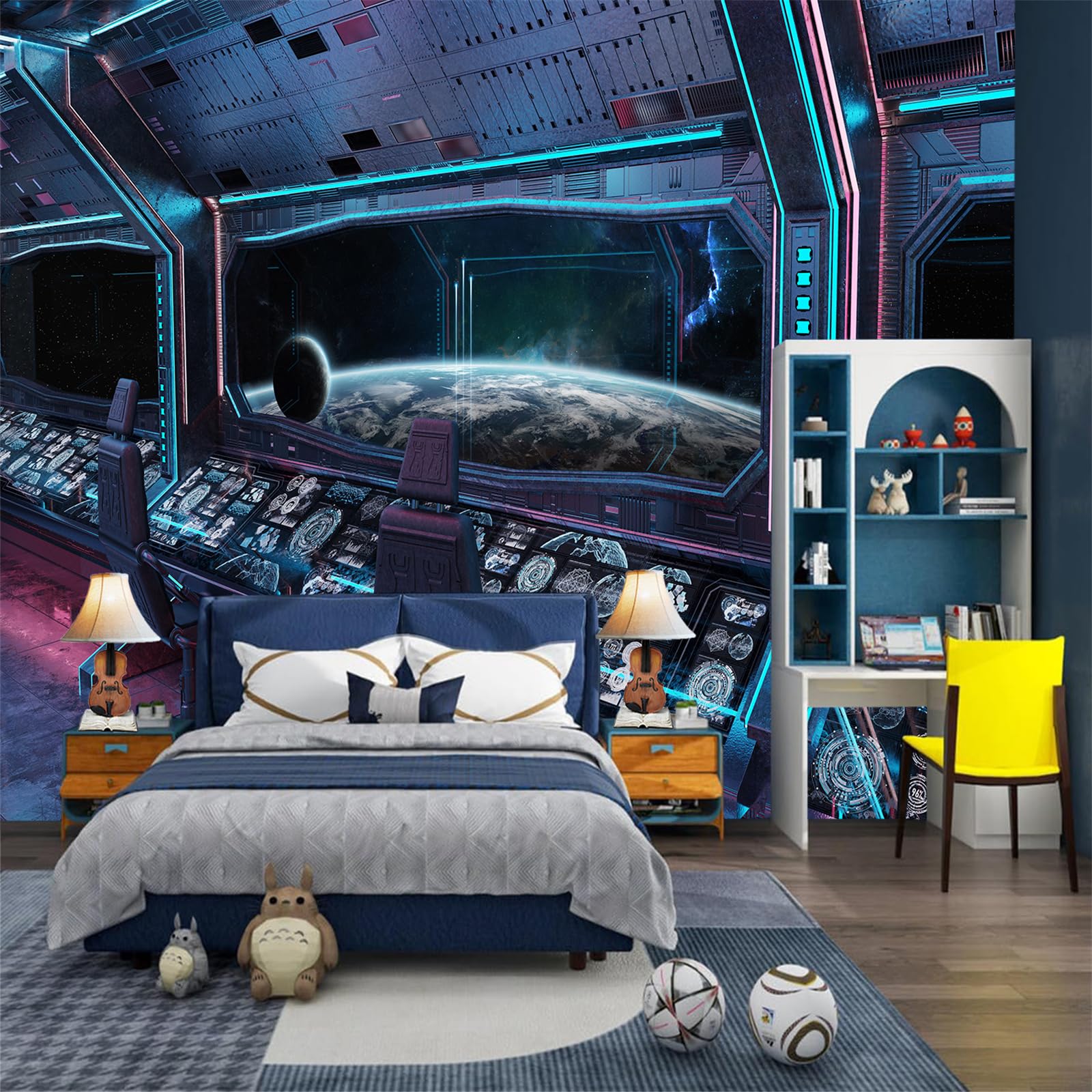 FLFK 3D Spaceship Wall Murals Peel and Stick 118"x78.7"- Futuristic Astronaut Outer Space Self-Adhesive Wallpaper Large Poster Painting Sticker for