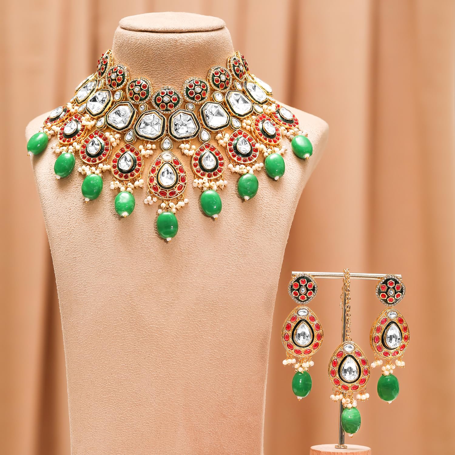 Rubans Kundan placcato oro & rubino, pietra verde tempestata e perline collana da sposa set