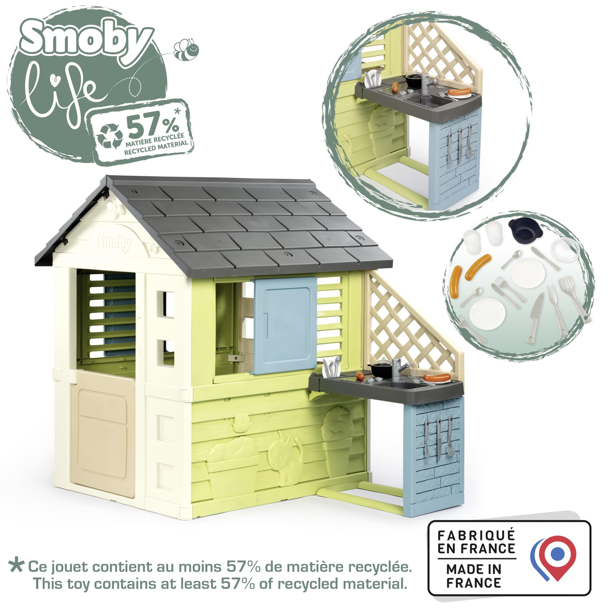 Smoby Life - Ładny domek + Letnia kuchnia - Płyta grillowa i zlew - Liczne akcesoria - Materiał z recyklingu - Od 2 lat - Wyprodukowano we Francji